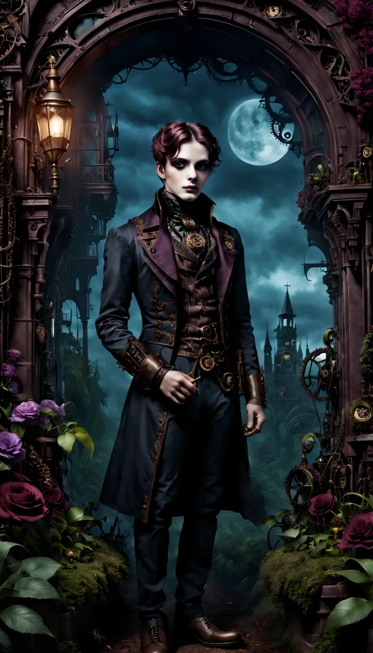 (gothic aesthetic,victorian-inspired,steampunk,dark,romantic,haunting,) in a dark, mysterious setting, a boy with a victorian-in...