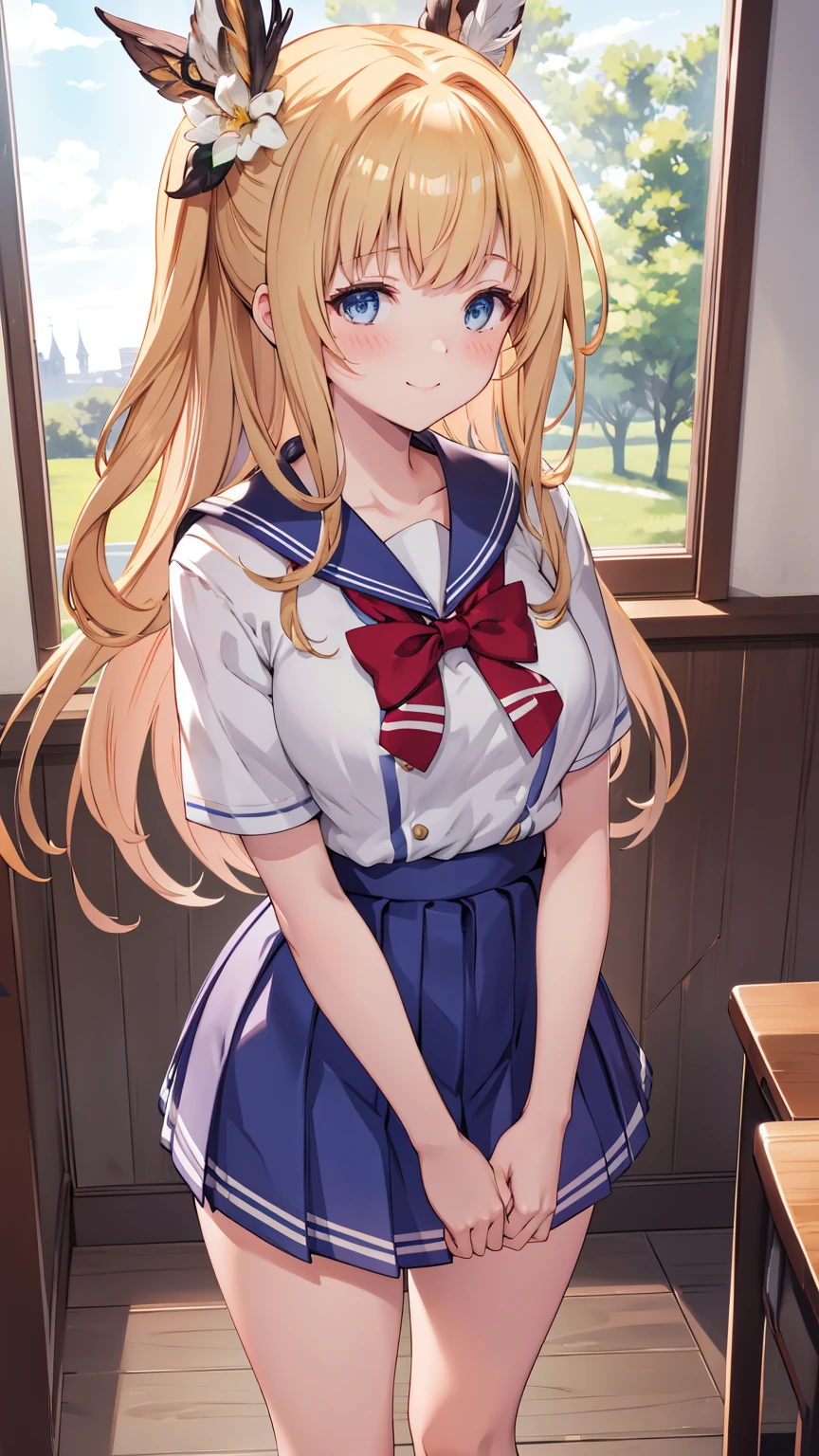 (best quality, ultra-detailed, perfect anatomy, dynamic lighting, rim lighting, high resolution, unity 8k wallpaper, textile shading, super detailed skin, beautiful detailed eyes, detailed face, fine hair detail), (1girl is mirin), (granblue fantasy), cute, beautiful, high school student, 18 years old, babyface, shiny hair, glowing eyes, shiny skin, full body, (smile:1.3), medium breast, (school uniform, sailor uniform, hair ornament, neck ribbon, pleated skirt, white high socks, loafers), from view, bloom, light coming in, background of school classroom, fine weather, in the day