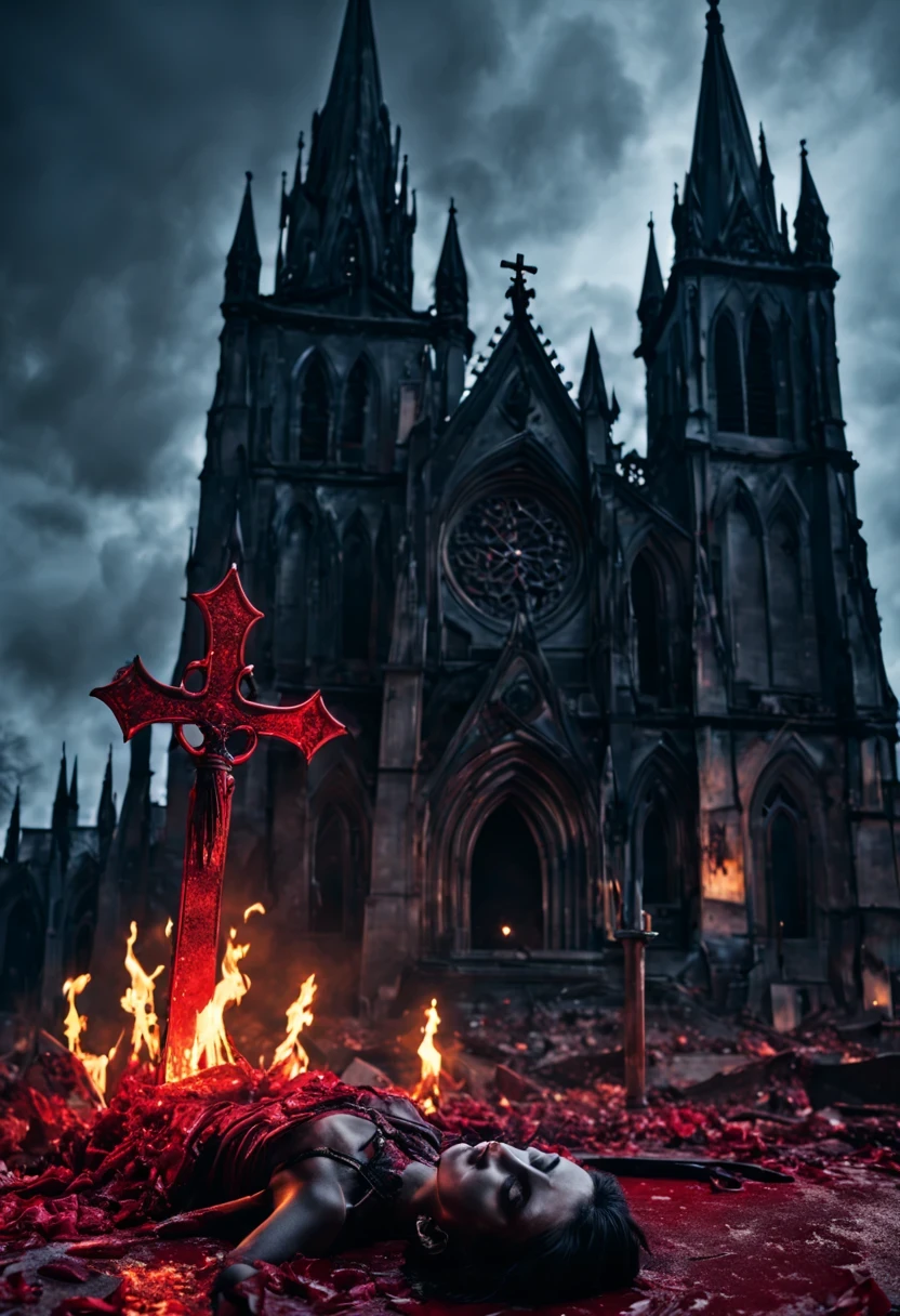 （Messenger from hell：1.4），cross，one个巨大的吸Blood鬼，View of sickle from below，hell，magma，flame，（紫色flame：1.3），There is fresh Blood on the ground，Blood pool，dripping Blood，Gothic aesthetics，one、Rose、castle、cross、Blood、churchyard，gothic style的神秘、solemn and profound，gothic style，gothic style蕾丝的衣服、象征浪漫的Rose、grave、吸Blood鬼、witch、ruins、gothic cathedral，Gothic symbols series