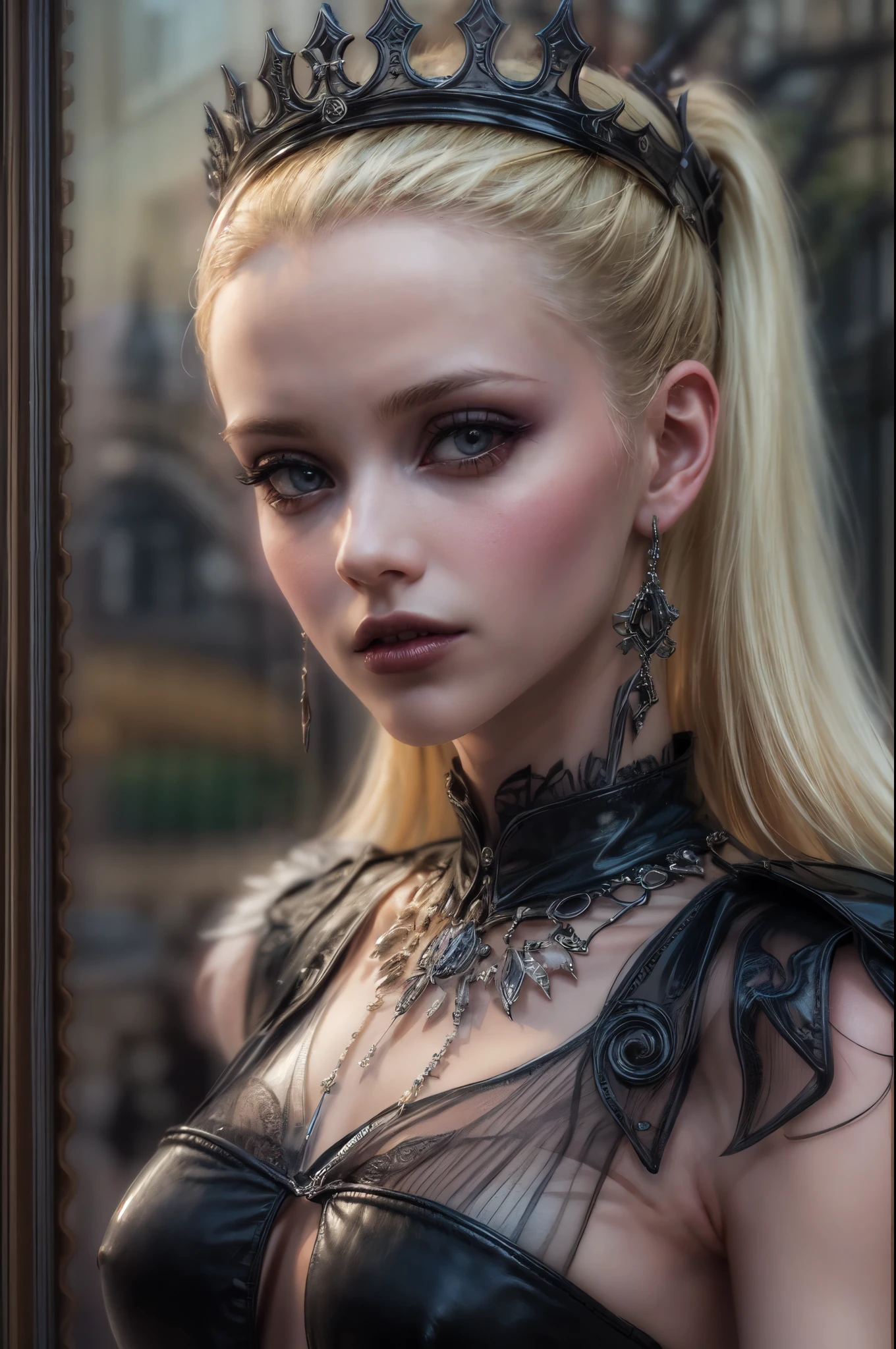 ein Gothic-Bild von Barbie als Gothic-Königin (beste Details, Meisterwerk, beste Qualität :1.5), Extrem detailliert face (beste Details, Meisterwerk, beste Qualität :1.5), ultrafeminin (beste Details, Meisterwerk, beste Qualität :1.5), trägt ein schwarzes Latex-Minikleid, schwarze Strümpfe, rosa High Heels, lange geflochtene Haare, Haare zurückgekämmt, blondes Haar, dynamischer Gothic-Hintergrund (beste Details, Meisterwerk, beste Qualität :1.5), ultra beste realistische Bilder , beste Details, beste Qualität, 16k, [Extrem detailliert], Meisterwerk, beste Qualität, (Extrem detailliert), Ultraweite Aufnahme, Fotorealismus, Tiefenschärfe, hyperrealistische Malerei, tragen kragen, hihelz