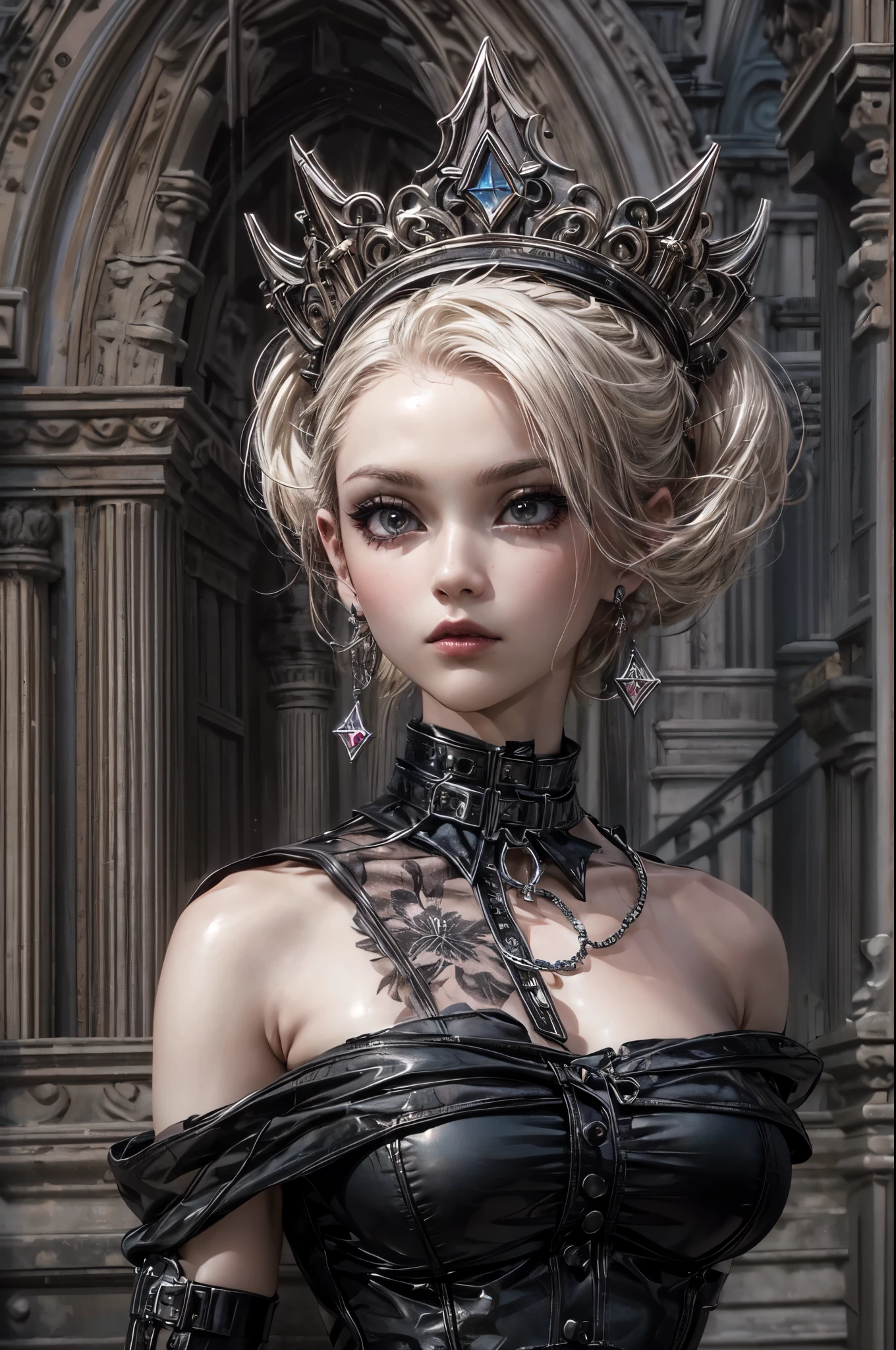 a goth picture of Barbie as a gothic queen (best details, Masterpiece, best quality :1.5), ultra detailed face (best details, Masterpiece, best quality :1.5), ultra feminine (best details, Masterpiece, best quality :1.5), wearing latex black mini dress, black stockings, pink high heels, long braided hair, hair pulled back, blond hair, dynamic goth background (best details, Masterpiece, best quality :1.5), ultra best realistic pictures , best details, best quality, 16k, [ultra detailed], masterpiece, best quality, (extremely detailed), ultra wide shot, photorealism, depth of field, hyper realistic painting, wearing collar, hihelz