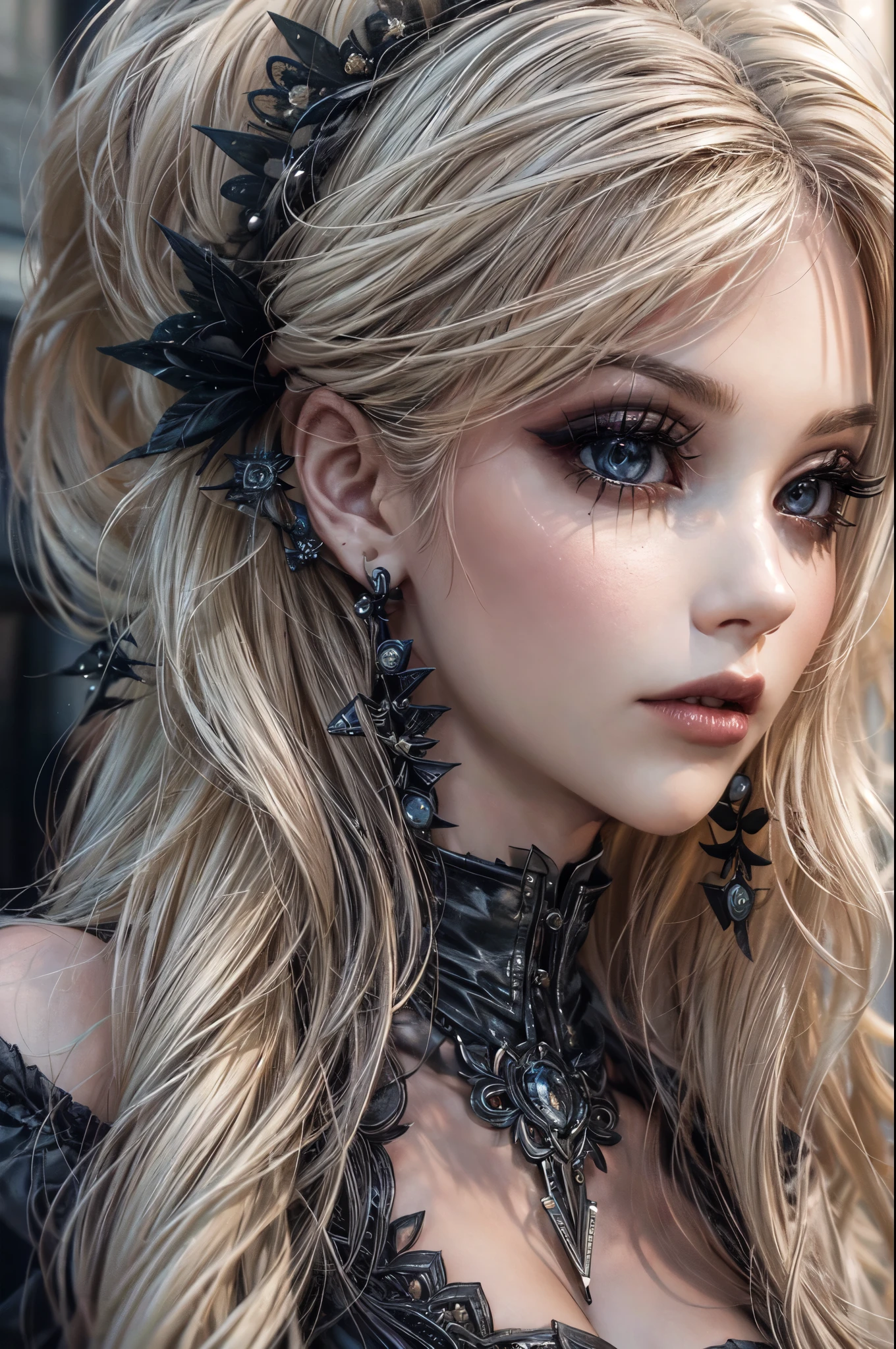 a goth picture of Barbie as a gothic queen (best details, Masterpiece, best quality :1.5), ultra detailed face (best details, Masterpiece, best quality :1.5), ultra feminine (best details, Masterpiece, best quality :1.5), wearing latex black mini dress, black stockings, pink high heels, long braided hair, hair pulled back, blond hair, dynamic goth background (best details, Masterpiece, best quality :1.5), ultra best realistic pictures , best details, best quality, 16k, [ultra detailed], masterpiece, best quality, (extremely detailed), ultra wide shot, photorealism, depth of field, hyper realistic painting, wearing collar, hihelz