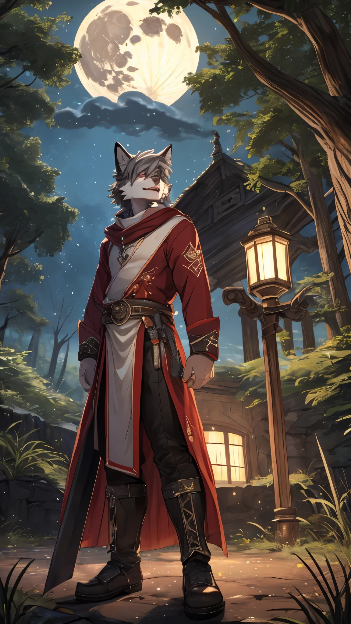 masterpiece, (best quality: 1.2), (Ultra-fine: 1.2), illustration, Standing in the swamp at night，With the magic academy in the distant forest as the background，The moon hangs high，male，burgundy fur wolf，gray hair，The right eye is hidden by hair，Eerie laugh，Holding a black longsword