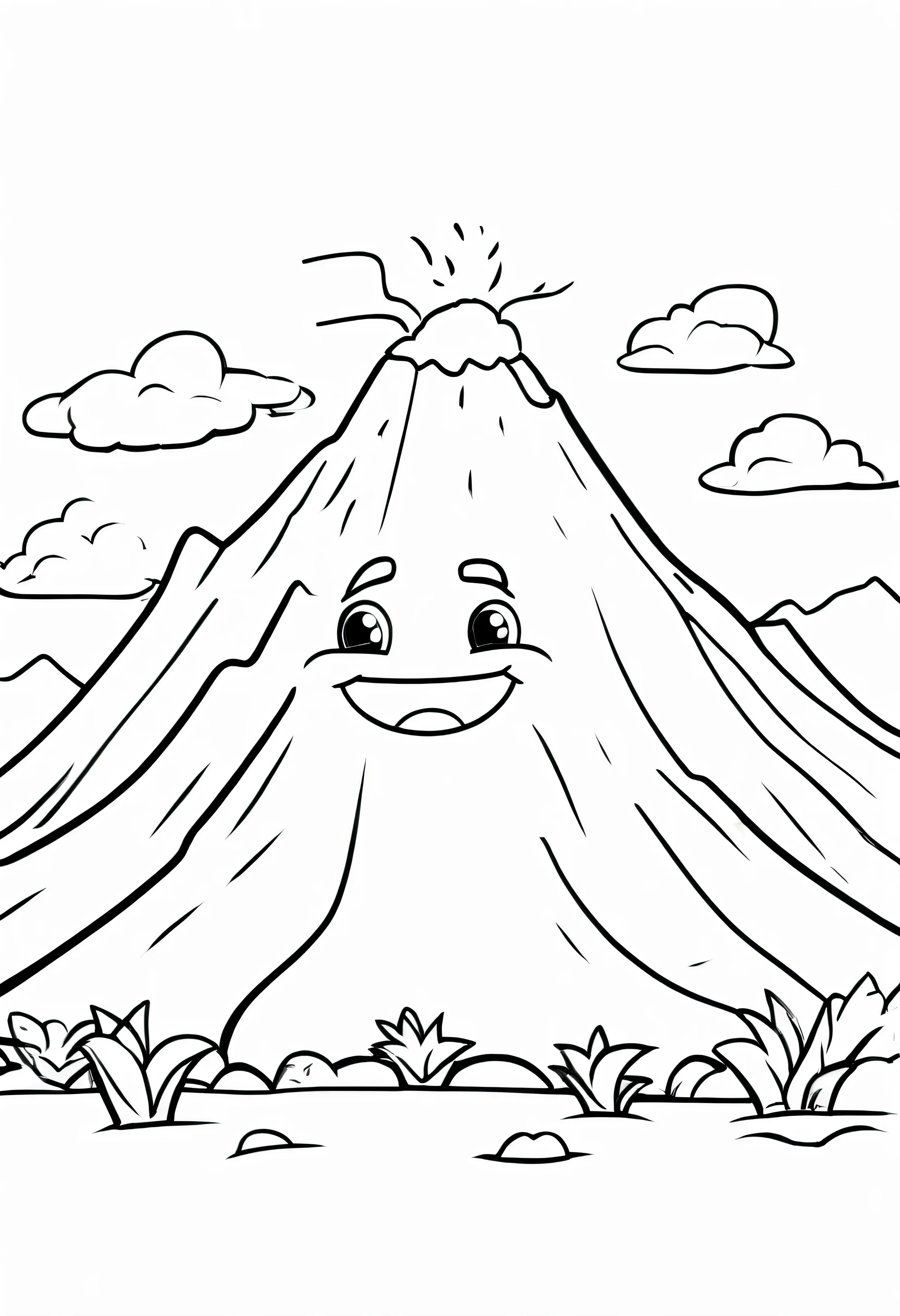 Erstelle einen freundlichen Vulkan-Charakter mit lächelndem Gesicht, Umrisskunst Mit Weiß, weißer Hintergrund, Skizzenstil, Ganzkörper, nur Gliederung verwenden, Cartoon-Stil, Sauber und klar und gut umrissen, Stellen Sie sicher, dass der Vulkan ein glattes und einladendes Aussehen hat, Und halten Sie das Design minimalistisch für einfaches Färben. Das Ziel ist, es ansprechend und zugänglich zu machen für Kinder im Alter von 2 bis 5 Jahren, die sich mitten in ihrer künstlerischen Reise befinden., Habe es schwarz und weiß gemacht
