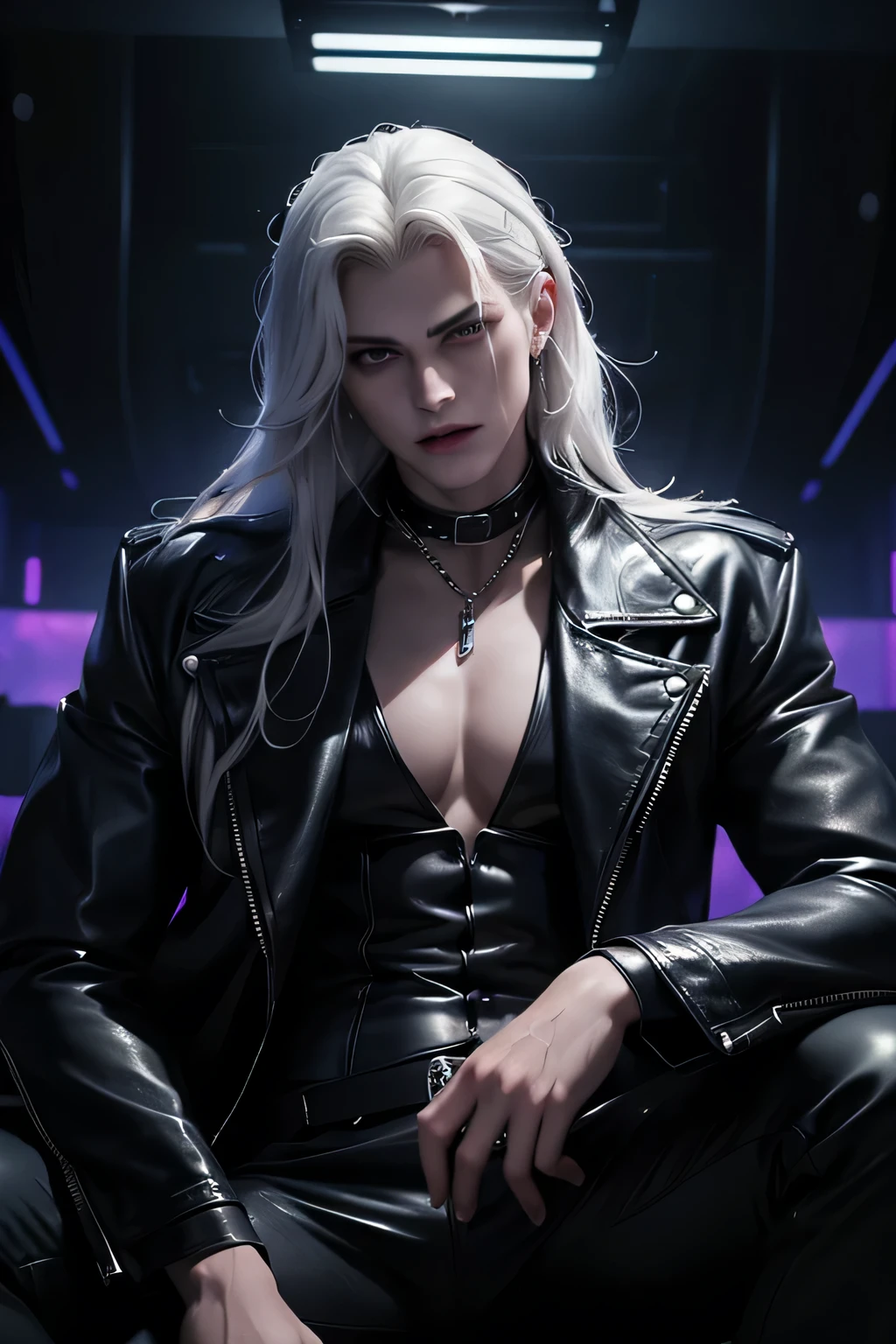 ((Mejor calidad)), ((Obra maestra)), 8K (detallado), ((cara perfecta)), ((Medio cuerpo)) perfect proporcions, el es un vampiro guapo, he is 18 years old, el tiene el pelo largo y blanco, el esta fumando,  he wears black leather clothes, atravesar, he is in a disco with neon lights ((cara perfecta)) ((impresionante))