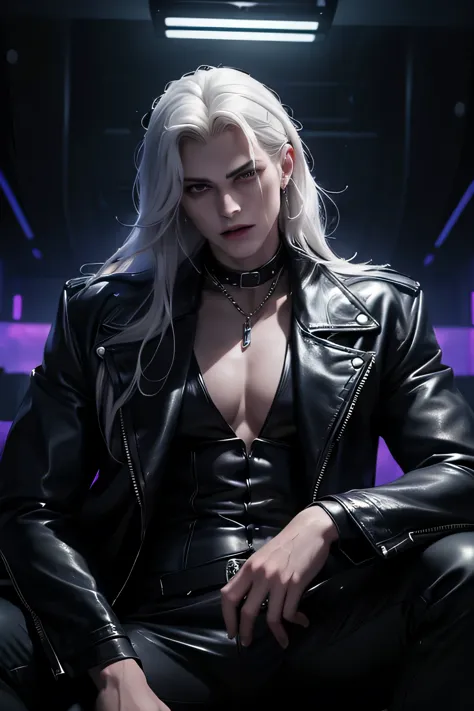 ((Mejor calidad)), ((Obra maestra)), 8K (detallado), ((cara perfecta)), ((Medio cuerpo)) perfect proporcions, el es un vampiro guapo, he is 18 years old, el tiene el pelo largo y blanco, el esta fumando,  he wears black leather clothes, atravesar, he is in...