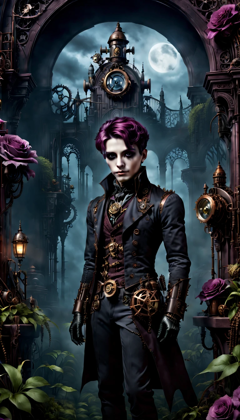 (gothic aesthetic,Victorian-inspired,steampunk,dark,romantic,haunting,) In a dark, mysterious setting, a boy with gothic outfit stands in a gothic garden. He has beautifully detailed eyes, with long eyelashes that draw attention. His scar is also detailed, adding to his alluring presence. The bouy's face is extremely detailed, with delicate features that showcase her elegance. He exudes a sense of mystery and romance. The garden is filled with lush, overgrown vegetation, creating a haunting atmosphere. The plants are intertwined with mechanical elements, giving the garden a steampunk twist. The sky above is a deep, dark blue, complementing the gothic ambiance. The artwork is of the highest quality, with intricate details that can be seen even at the highest resolution, such as 4k or 8k. Every element is captured with ultra-detailed precision, creating a realistic and photorealistic feel. The lighting is reminiscent of studio lighting, with dramatic shadows that enhance the mysterious vibe of the scene. The colors used in the artwork are vivid, with a color palette that leans towards dark and moody tones. Shades of deep red, purple, and black dominate the image, adding to the gothic aesthetic. The overall color scheme contributes to the haunting and romantic atmosphere. In this gothic-inspired scene, steampunk influences, and dark aesthetics creates a captivating visual experience. It transports the viewer to a world where technology merges with the elegance and mystery, fueling the imagination with endless possibilities.