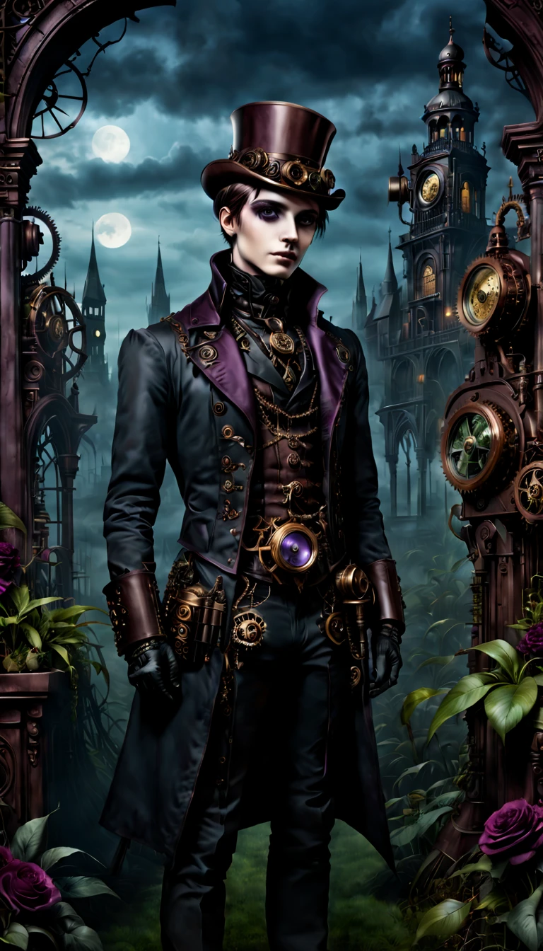 (gothic aesthetic,Victorian-inspired,steampunk,dark,romantic,haunting,) In a dark, mysterious setting, a boy with gothic outfit stands in a gothic garden. He has beautifully detailed eyes, with long eyelashes that draw attention. His scar is also detailed, adding to his alluring presence. The bouy's face is extremely detailed, with delicate features that showcase her elegance. He exudes a sense of mystery and romance. The garden is filled with lush, overgrown vegetation, creating a haunting atmosphere. The plants are intertwined with mechanical elements, giving the garden a steampunk twist. The sky above is a deep, dark blue, complementing the gothic ambiance. The artwork is of the highest quality, with intricate details that can be seen even at the highest resolution, such as 4k or 8k. Every element is captured with ultra-detailed precision, creating a realistic and photorealistic feel. The lighting is reminiscent of studio lighting, with dramatic shadows that enhance the mysterious vibe of the scene. The colors used in the artwork are vivid, with a color palette that leans towards dark and moody tones. Shades of deep red, purple, and black dominate the image, adding to the gothic aesthetic. The overall color scheme contributes to the haunting and romantic atmosphere. In this gothic-inspired scene, steampunk influences, and dark aesthetics creates a captivating visual experience. It transports the viewer to a world where technology merges with the elegance and mystery, fueling the imagination with endless possibilities.