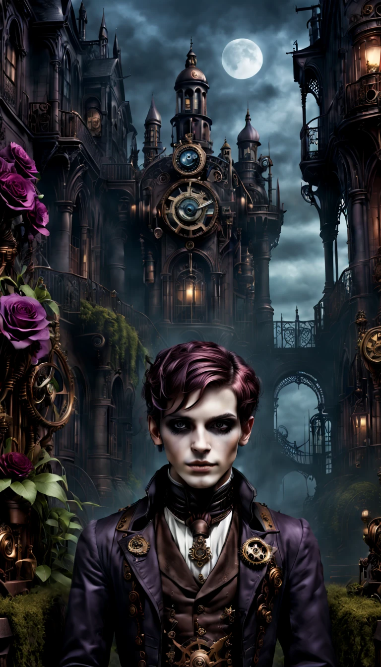 (gothic aesthetic,Victorian-inspired,steampunk,dark,romantic,haunting,) In a dark, mysterious setting, a boy with gothic outfit stands in a gothic garden. He has beautifully detailed eyes, with long eyelashes that draw attention. His scar is also detailed, adding to his alluring presence. The bouy's face is extremely detailed, with delicate features that showcase her elegance. He exudes a sense of mystery and romance. The garden is filled with lush, overgrown vegetation, creating a haunting atmosphere. The plants are intertwined with mechanical elements, giving the garden a steampunk twist. The sky above is a deep, dark blue, complementing the gothic ambiance. The artwork is of the highest quality, with intricate details that can be seen even at the highest resolution, such as 4k or 8k. Every element is captured with ultra-detailed precision, creating a realistic and photorealistic feel. The lighting is reminiscent of studio lighting, with dramatic shadows that enhance the mysterious vibe of the scene. The colors used in the artwork are vivid, with a color palette that leans towards dark and moody tones. Shades of deep red, purple, and black dominate the image, adding to the gothic aesthetic. The overall color scheme contributes to the haunting and romantic atmosphere. In this gothic-inspired scene, steampunk influences, and dark aesthetics creates a captivating visual experience. It transports the viewer to a world where technology merges with the elegance and mystery, fueling the imagination with endless possibilities.