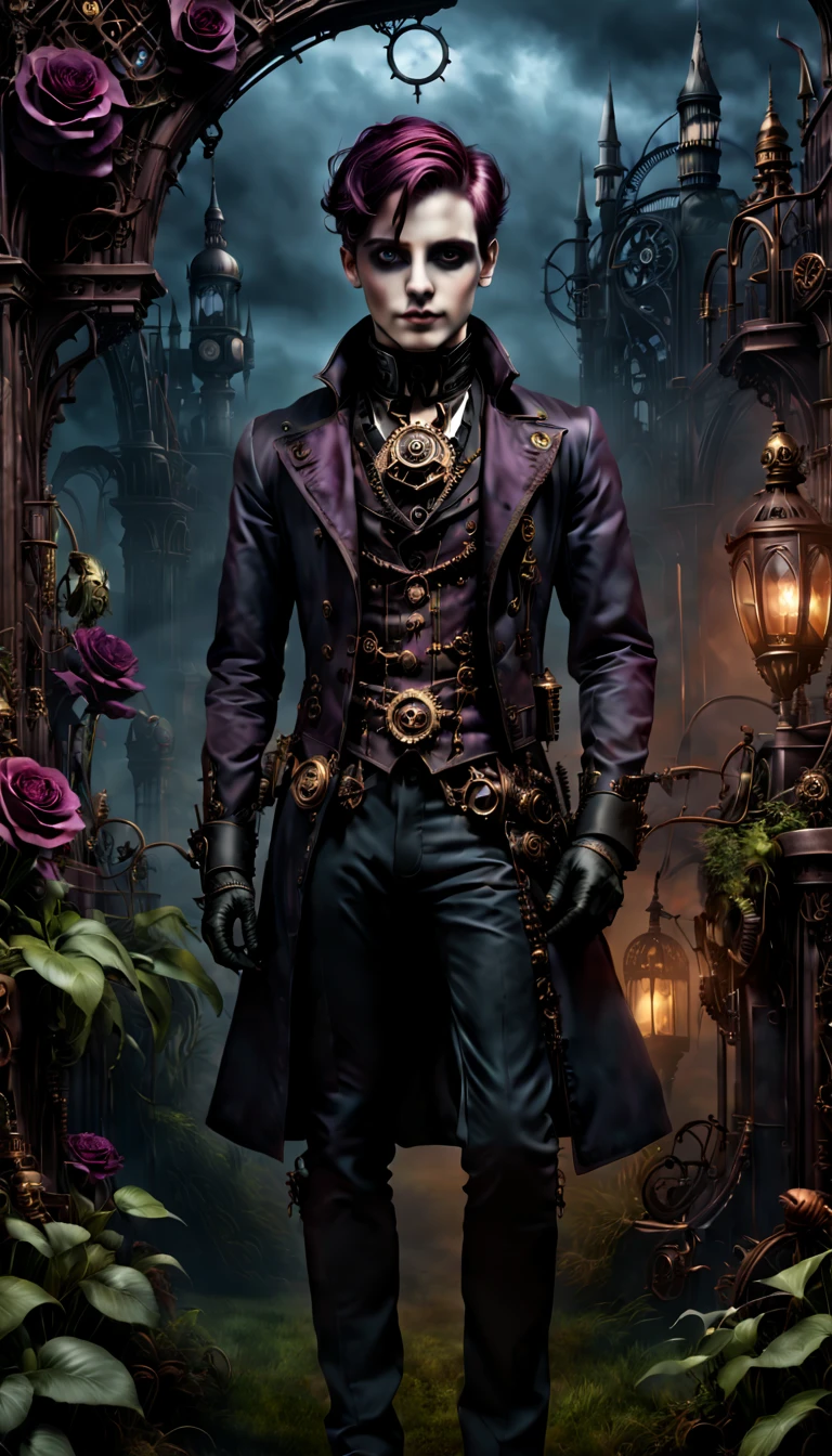 (gothic aesthetic,Victorian-inspired,steampunk,dark,romantic,haunting,) In a dark, mysterious setting, a boy with gothic outfit stands in a gothic garden. He has beautifully detailed eyes, with long eyelashes that draw attention. His scar is also detailed, adding to his alluring presence. The bouy's face is extremely detailed, with delicate features that showcase her elegance. He exudes a sense of mystery and romance. The garden is filled with lush, overgrown vegetation, creating a haunting atmosphere. The plants are intertwined with mechanical elements, giving the garden a steampunk twist. The sky above is a deep, dark blue, complementing the gothic ambiance. The artwork is of the highest quality, with intricate details that can be seen even at the highest resolution, such as 4k or 8k. Every element is captured with ultra-detailed precision, creating a realistic and photorealistic feel. The lighting is reminiscent of studio lighting, with dramatic shadows that enhance the mysterious vibe of the scene. The colors used in the artwork are vivid, with a color palette that leans towards dark and moody tones. Shades of deep red, purple, and black dominate the image, adding to the gothic aesthetic. The overall color scheme contributes to the haunting and romantic atmosphere. In this gothic-inspired scene, steampunk influences, and dark aesthetics creates a captivating visual experience. It transports the viewer to a world where technology merges with the elegance and mystery, fueling the imagination with endless possibilities.