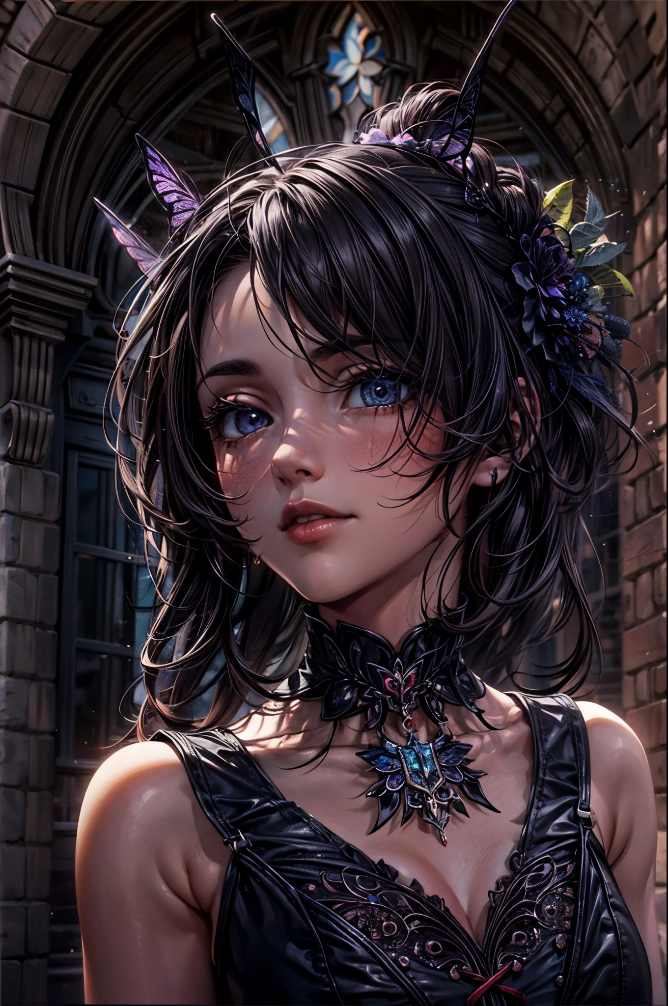 high details, best quality, 16k, RAW, [best detailed], masterpiece, best quality, (extremely detailed), full body, ultra wide shot, photorealistic, dark fantasy art, goth art, RPG art, D&D art, a picture of a dark female fairy in a goth church extremely beautiful fairy, ultra feminine (intense details, Masterpiece, best quality), best detailed face (intense details, Masterpiece, best quality), having wide butterfly wings, spread butterfly wings (intense details, Masterpiece, best quality), dark colors wings (intense details, Masterpiece, best quality), black hair, long hair, shinning hair, flowing hair, dark smile, wicked smile, blue eyes, dark red lips, wearing [red] dress latex corset (intense details, Masterpiece, best quality), dynamic elegant dress bondage gear, chocker, wearing high heels, (intense details, Masterpiece, best quality) a dark goth era street background, dim light, cinematic light, gaslight lamp light, High Detail, Ultra High Quality, High Resolution, 16K Resolution, Ultra HD Pictures, 3D rendering Ultra Realistic, Clear Details, Realistic Detail, Ultra High Definition hihelz