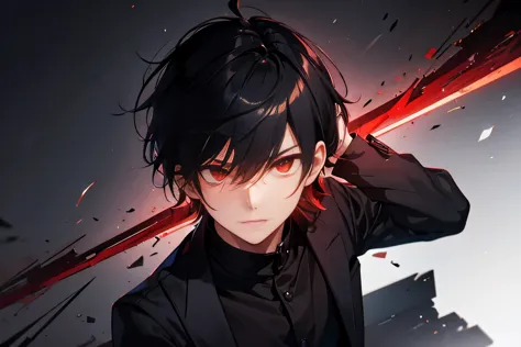 hight resolution,Anime boy with black hair and red eyes staring at camera, Glowing red eyes,slim, dressed in a black outfit,Shad...