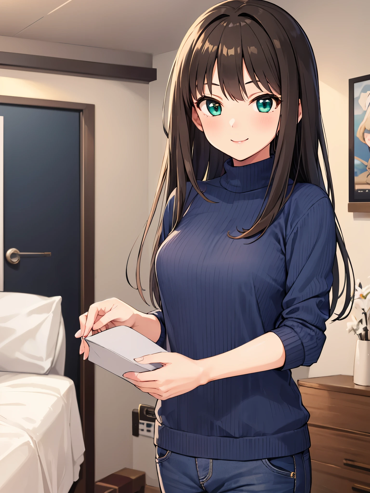 Anime girl in blue shirt holding a tablet in a room - SeaArt AI