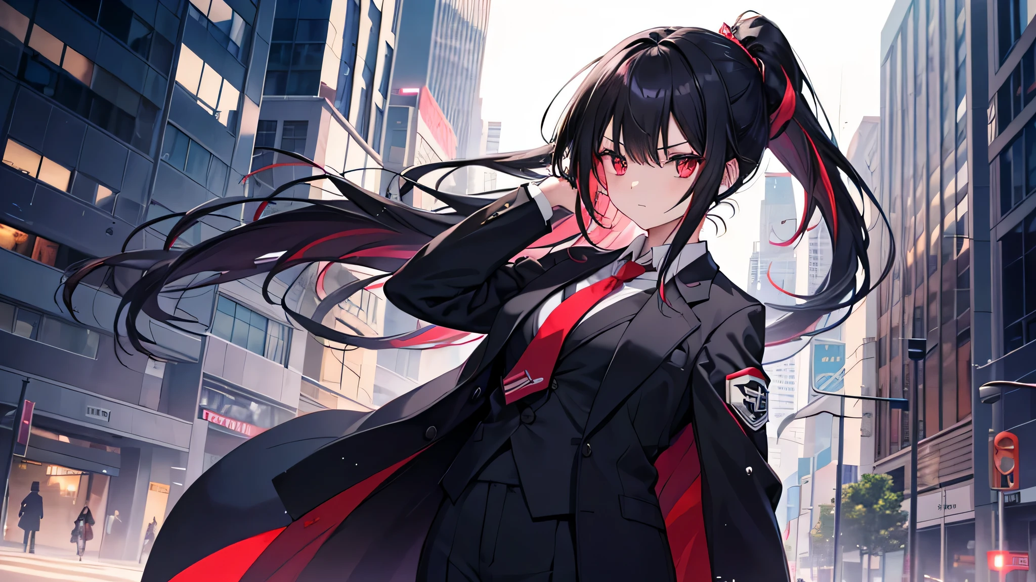 Anime girl in a black and red dress walking down a street - SeaArt AI