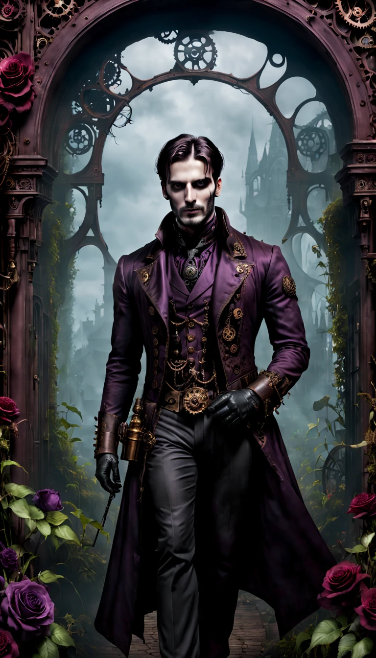 (esthétique gothique,D&#39;inspiration victorienne,Steampunk,sombre,Romantique,hanté,) In a sombre, cadre mystérieux, un homme avec une tenue gothique se tient dans un jardin gothique. Il a des yeux magnifiquement détaillés, avec de longs cils qui attirent l&#39;attention. ((Sa cicatrice sur la joue:1.7)) est également détaillé, ajoutant à sa présence séduisante. Le visage du garçon est extrêmement détaillé, avec des traits délicats qui mettent en valeur son élégance, et fais ressortir la cicatrice sur sa joue. Il dégage un sentiment de mystère et de romance. Le jardin est rempli de verdure, végétation envahie, creating a hanté atmosphere. Les plantes sont entrelacées avec des éléments mécaniques, giving the garden a Steampunk twist. Le ciel au-dessus est profond, sombre blue, complétant l&#39;ambiance gothique. L&#39;œuvre d&#39;art est de la plus haute qualité, avec des détails complexes visibles même à la plus haute résolution, comme 4K ou 8K. Chaque élément est capturé avec une précision ultra détaillée, créant une sensation réaliste et photoréaliste. L&#39;éclairage rappelle l&#39;éclairage d&#39;un studio, avec des ombres dramatiques qui renforcent l&#39;ambiance mystérieuse de la scène. Les couleurs utilisées dans l&#39;œuvre sont vives, with a color palette that leans towards sombre and moody tones. Nuances de rouge profond, violet, et le noir domine l&#39;image, adding to the esthétique gothique. The overall color scheme contributes to the hanté and Romantique atmosphere. Dans cette scène d&#39;inspiration gothique, Steampunk influences, and sombre aesthetics creates a captivating visual experience. Il transporte le spectateur dans un monde où la technologie se confond avec l&#39;élégance et le mystère., alimenter l&#39;imagination avec des possibilités infinies.