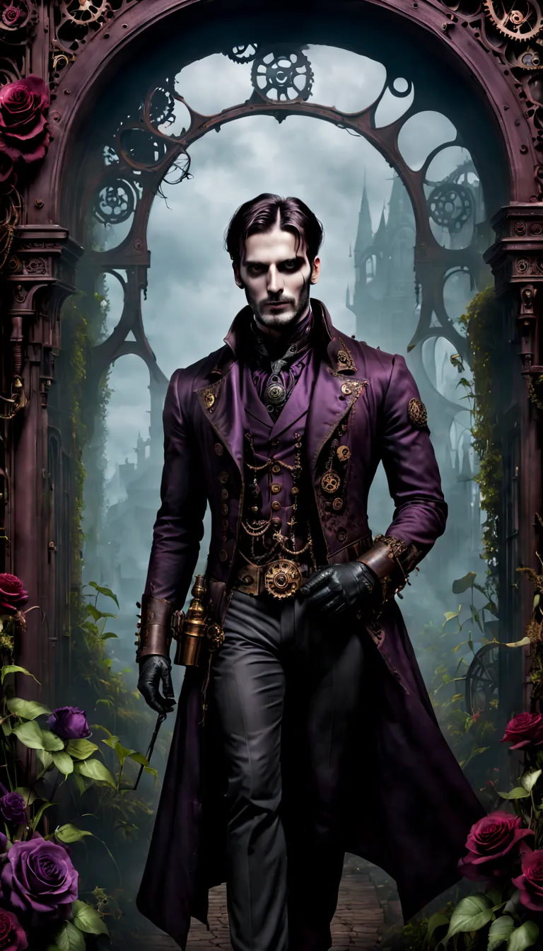 (gothic aesthetic,Victorian-inspired,steampunk,dark,romantic,haunting,) In a dark, mysterious setting, a man with gothic outfit ...