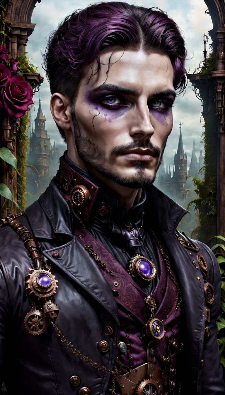 (gothic aesthetic,Victorian-inspired,steampunk,dark,romantic,haunting,) In a dark, mysterious setting, a man with gothic outfit stands in a gothic garden. He has beautifully detailed eyes, with long eyelashes that draw attention. ((His scar on his cheek:1.7)) is also detailed, adding to his alluring presence. The bouy's face is extremely detailed, with delicate features that showcase her elegance, and bring out the scar on his cheek. He exudes a sense of mystery and romance. The garden is filled with lush, overgrown vegetation, creating a haunting atmosphere. The plants are intertwined with mechanical elements, giving the garden a steampunk twist. The sky above is a deep, dark blue, complementing the gothic ambiance. The artwork is of the highest quality, with intricate details that can be seen even at the highest resolution, such as 4k or 8k. Every element is captured with ultra-detailed precision, creating a realistic and photorealistic feel. The lighting is reminiscent of studio lighting, with dramatic shadows that enhance the mysterious vibe of the scene. The colors used in the artwork are vivid, with a color palette that leans towards dark and moody tones. Shades of deep red, purple, and black dominate the image, adding to the gothic aesthetic. The overall color scheme contributes to the haunting and romantic atmosphere. In this gothic-inspired scene, steampunk influences, and dark aesthetics creates a captivating visual experience. It transports the viewer to a world where technology merges with the elegance and mystery, fueling the imagination with endless possibilities.