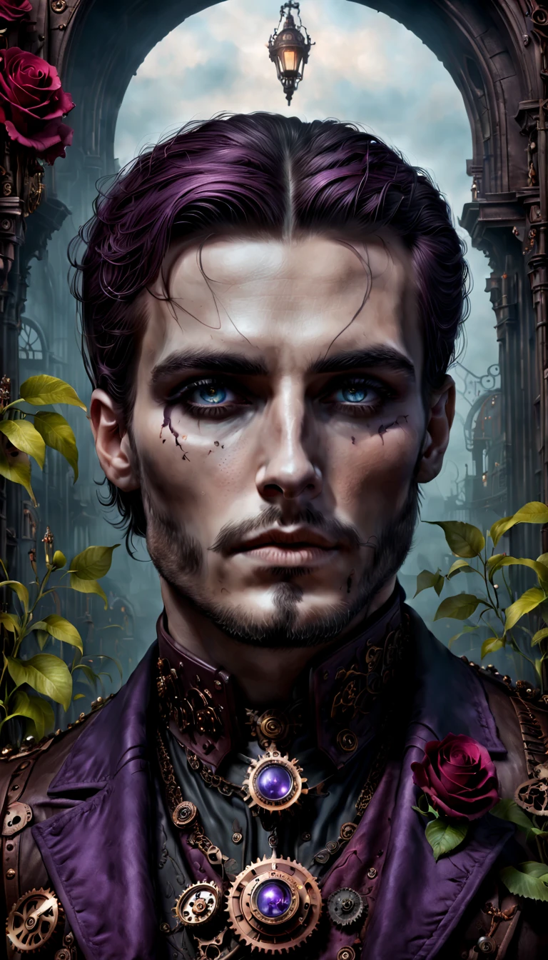 (esthétique gothique,D&#39;inspiration victorienne,Steampunk,sombre,Romantique,hanté,) In a sombre, cadre mystérieux, un homme avec une tenue gothique se tient dans un jardin gothique. Il a des yeux magnifiquement détaillés, avec de longs cils qui attirent l&#39;attention. ((Sa cicatrice sur la joue:1.7)) est également détaillé, ajoutant à sa présence séduisante. Le visage du garçon est extrêmement détaillé, avec des traits délicats qui mettent en valeur son élégance, et fais ressortir la cicatrice sur sa joue. Il dégage un sentiment de mystère et de romance. Le jardin est rempli de verdure, végétation envahie, creating a hanté atmosphere. Les plantes sont entrelacées avec des éléments mécaniques, giving the garden a Steampunk twist. Le ciel au-dessus est profond, sombre blue, complétant l&#39;ambiance gothique. L&#39;œuvre d&#39;art est de la plus haute qualité, avec des détails complexes visibles même à la plus haute résolution, comme 4K ou 8K. Chaque élément est capturé avec une précision ultra détaillée, créant une sensation réaliste et photoréaliste. L&#39;éclairage rappelle l&#39;éclairage d&#39;un studio, avec des ombres dramatiques qui renforcent l&#39;ambiance mystérieuse de la scène. Les couleurs utilisées dans l&#39;œuvre sont vives, with a color palette that leans towards sombre and moody tones. Nuances de rouge profond, violet, et le noir domine l&#39;image, adding to the esthétique gothique. The overall color scheme contributes to the hanté and Romantique atmosphere. Dans cette scène d&#39;inspiration gothique, Steampunk influences, and sombre aesthetics creates a captivating visual experience. Il transporte le spectateur dans un monde où la technologie se confond avec l&#39;élégance et le mystère., alimenter l&#39;imagination avec des possibilités infinies.