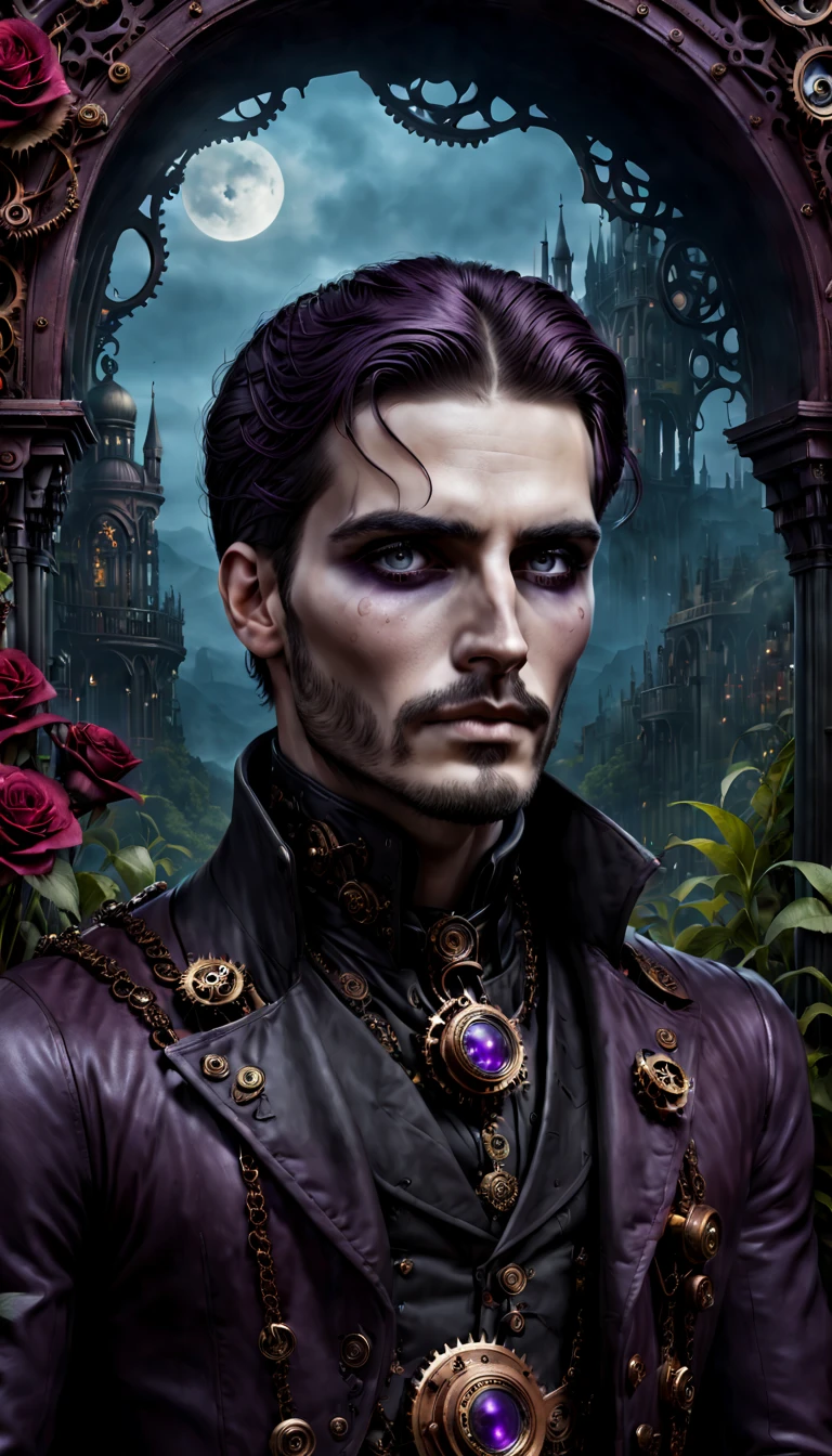 (gothic aesthetic,Victorian-inspired,steampunk,dark,romantic,haunting,) In a dark, mysterious setting, a man with gothic outfit stands in a gothic garden. He has beautifully detailed eyes, with long eyelashes that draw attention. ((His scar on his cheek:1.7)) is also detailed, adding to his alluring presence. The bouy's face is extremely detailed, with delicate features that showcase her elegance, and bring out the scar on his cheek. He exudes a sense of mystery and romance. The garden is filled with lush, overgrown vegetation, creating a haunting atmosphere. The plants are intertwined with mechanical elements, giving the garden a steampunk twist. The sky above is a deep, dark blue, complementing the gothic ambiance. The artwork is of the highest quality, with intricate details that can be seen even at the highest resolution, such as 4k or 8k. Every element is captured with ultra-detailed precision, creating a realistic and photorealistic feel. The lighting is reminiscent of studio lighting, with dramatic shadows that enhance the mysterious vibe of the scene. The colors used in the artwork are vivid, with a color palette that leans towards dark and moody tones. Shades of deep red, purple, and black dominate the image, adding to the gothic aesthetic. The overall color scheme contributes to the haunting and romantic atmosphere. In this gothic-inspired scene, steampunk influences, and dark aesthetics creates a captivating visual experience. It transports the viewer to a world where technology merges with the elegance and mystery, fueling the imagination with endless possibilities.