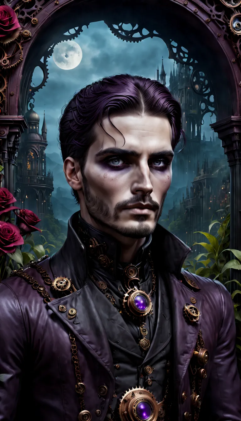 (gothic aesthetic,Victorian-inspired,steampunk,dark,romantic,haunting,) In a dark, mysterious setting, a man with gothic outfit ...
