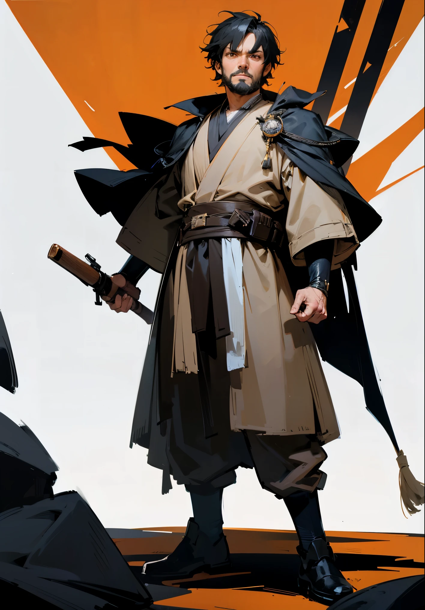 1male, Adult, Perfect Generation, Masterpiece Quality, Black Hair, Short Hair, Orange Eyes, Dark Background, Black and White Jedi Clothes, Star Wars, Standing On Path, Black Beard