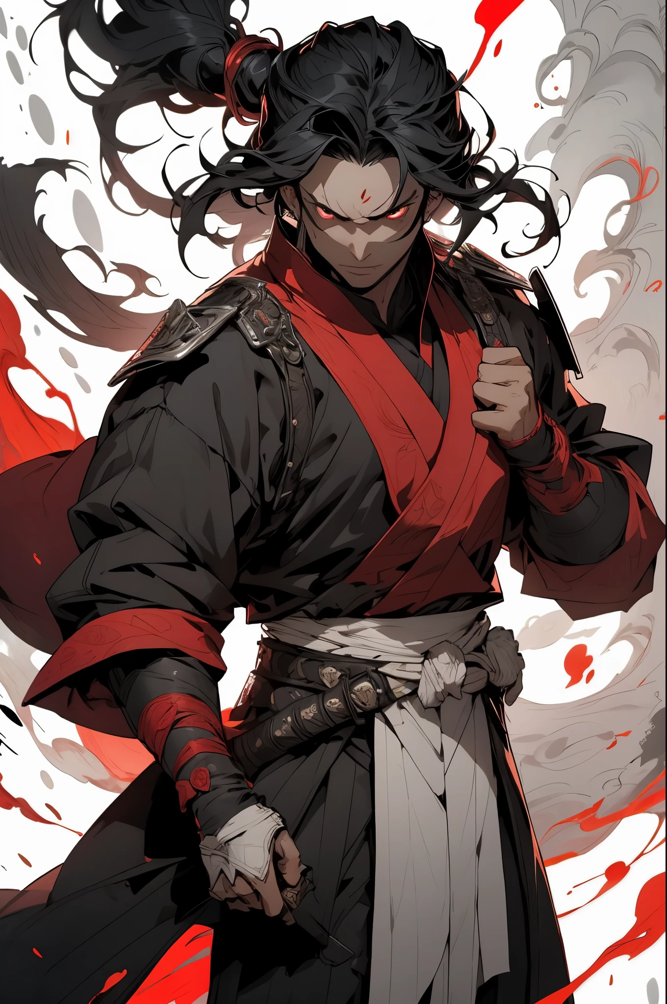O cara de cabelo preto, salpicos brancos, espada de samurai, cabelo longo, ((pose dinâmica)), Lá&#39;há sangue por toda parte, pronto para atacar, usa habilidades, Comprimento total, correção de cor vermelha