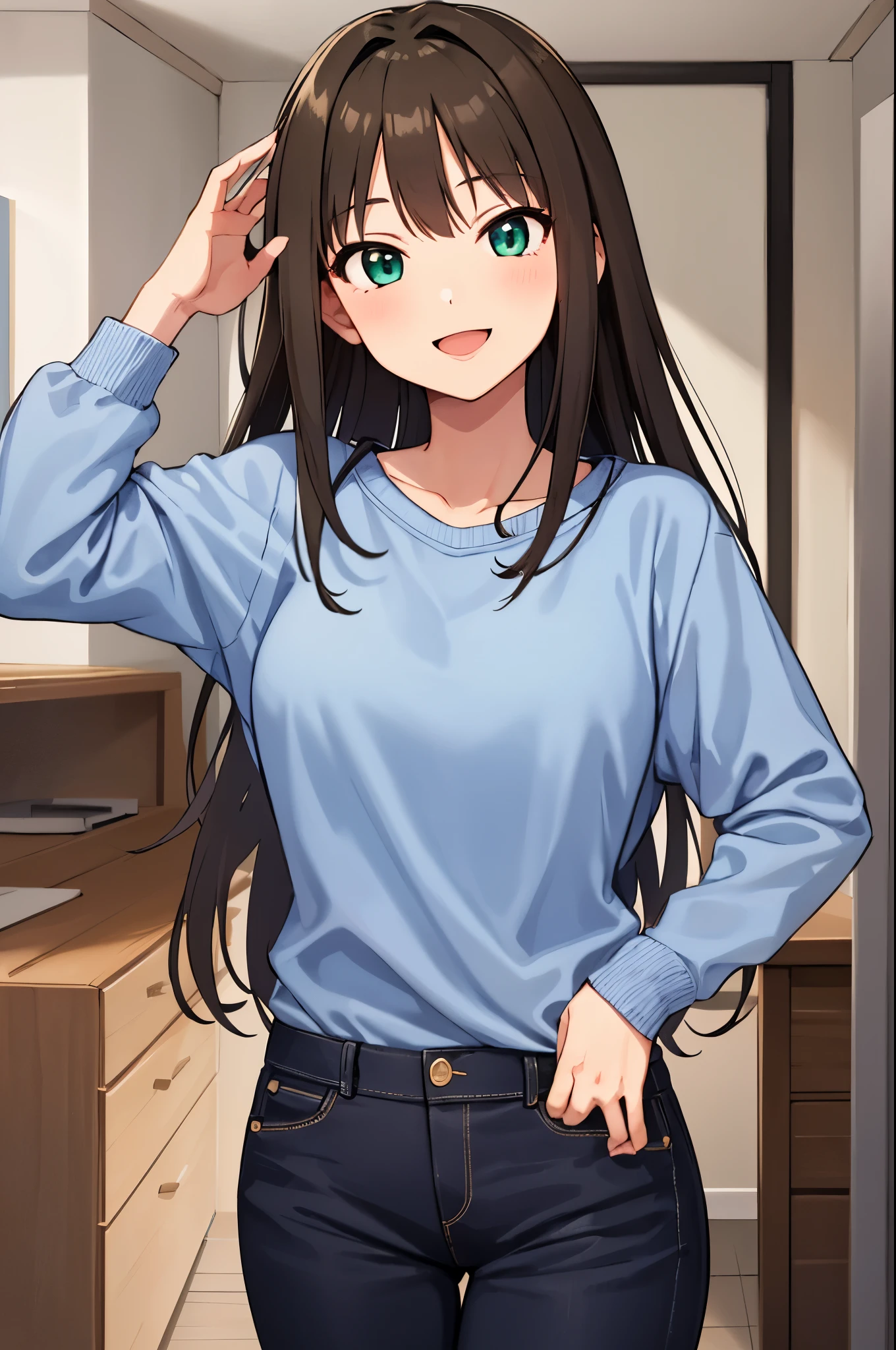 Anime Girl In Blue Shirt And Jeans Standing In A Room - Seaart Ai