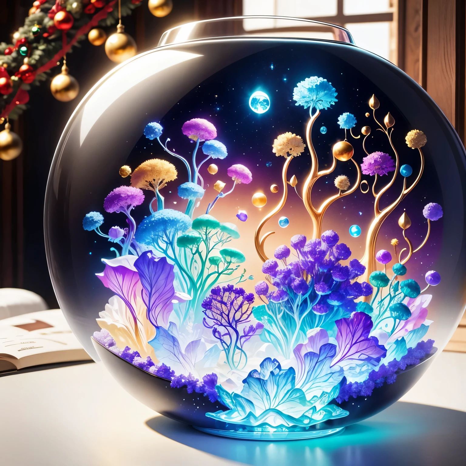 (La best quality,high resolution,super detailed,actual)，flowers formed from jelly，in the room，Christmas decoration，surrounded by christmas gifts，A masterpiece full of fantasy elements）））， （（best quality））， （（intricate details））（8k）