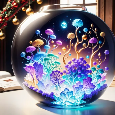 (La best quality,high resolution,super detailed,actual)，flowers formed from jelly，in the room，Christmas decoration，surrounded by...