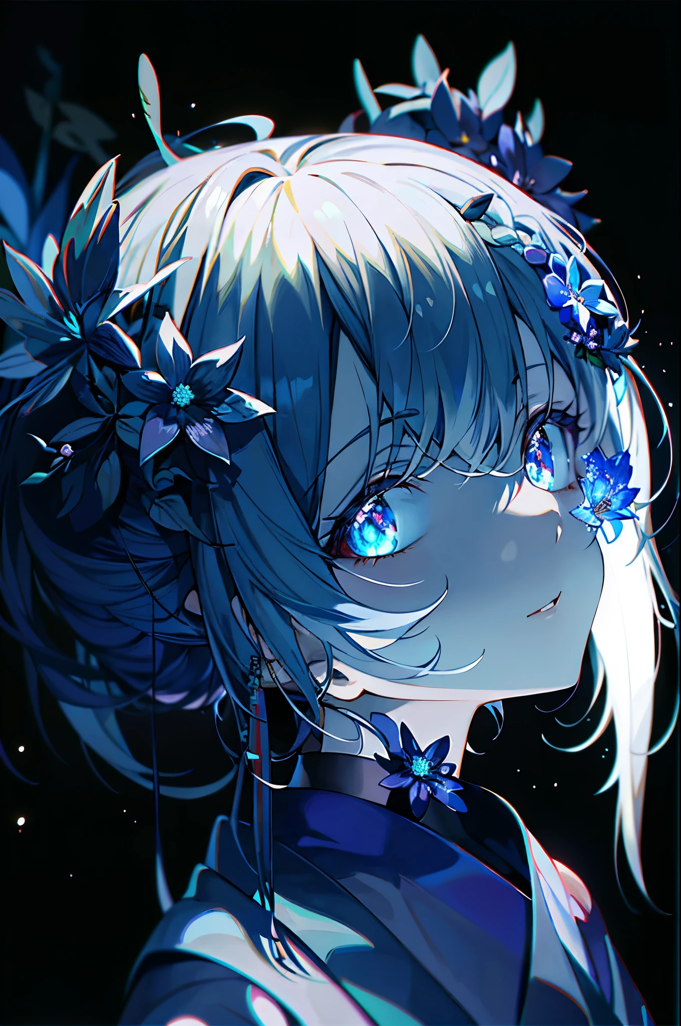 Chica anime con ojos azules y flores en el pelo, detailed arte animado digital, estilo anime 4k, Arte digital, fondo de pantalla de arte anime 4k, fondo de pantalla de arte anime 4k, hermoso retrato animado, arte animado digital, arte de anime detallado, [ arte digital 4K ]!!, fondo de pantalla de arte anime 8k, Ojos azules luminiscentes, señalización digital