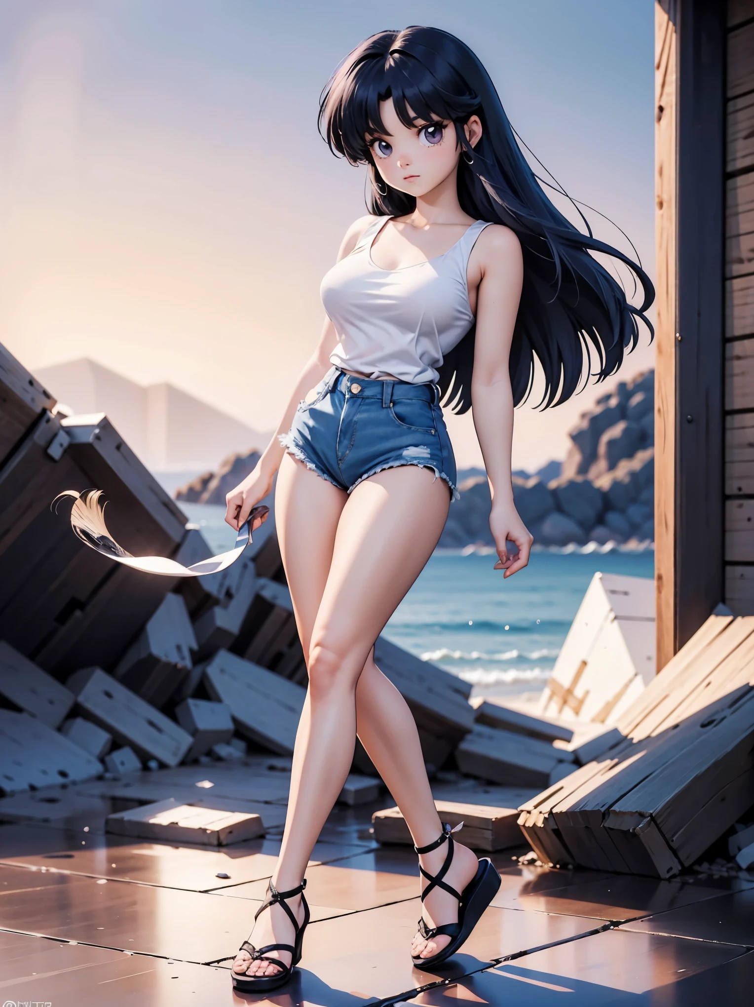 Anime dark hair with denim shorts and bright pink blouse, 16 yrs old, Body cute, breasts big, com as hands on chest, hands on chest, Garota sexly, purple cabelo, side hair highlights, locks of hair on the side of the face, beautiful lighting, softshadows, blue colored eyes, pretty legs, shorth hair, anime styling, character Akane Tendo, Autora Rumiko Takahashi, Based on a work by Rumiko Takahashi, Anime Ranma 1/ 2, decote sexly, robust hip, fully body, fully body, Bust Big, young girl with beautiful and beautiful body, sandals on his feet, garota 16 yrs old jovem, wearing denim shorts and a bright pink blouse, anime girl, anime styling, beautiful feet in sandals, 45° viewing angle, plein-air, large breasted, Cute Breasts, Bblack hair, sandals on the feet, pretty legs, sexly