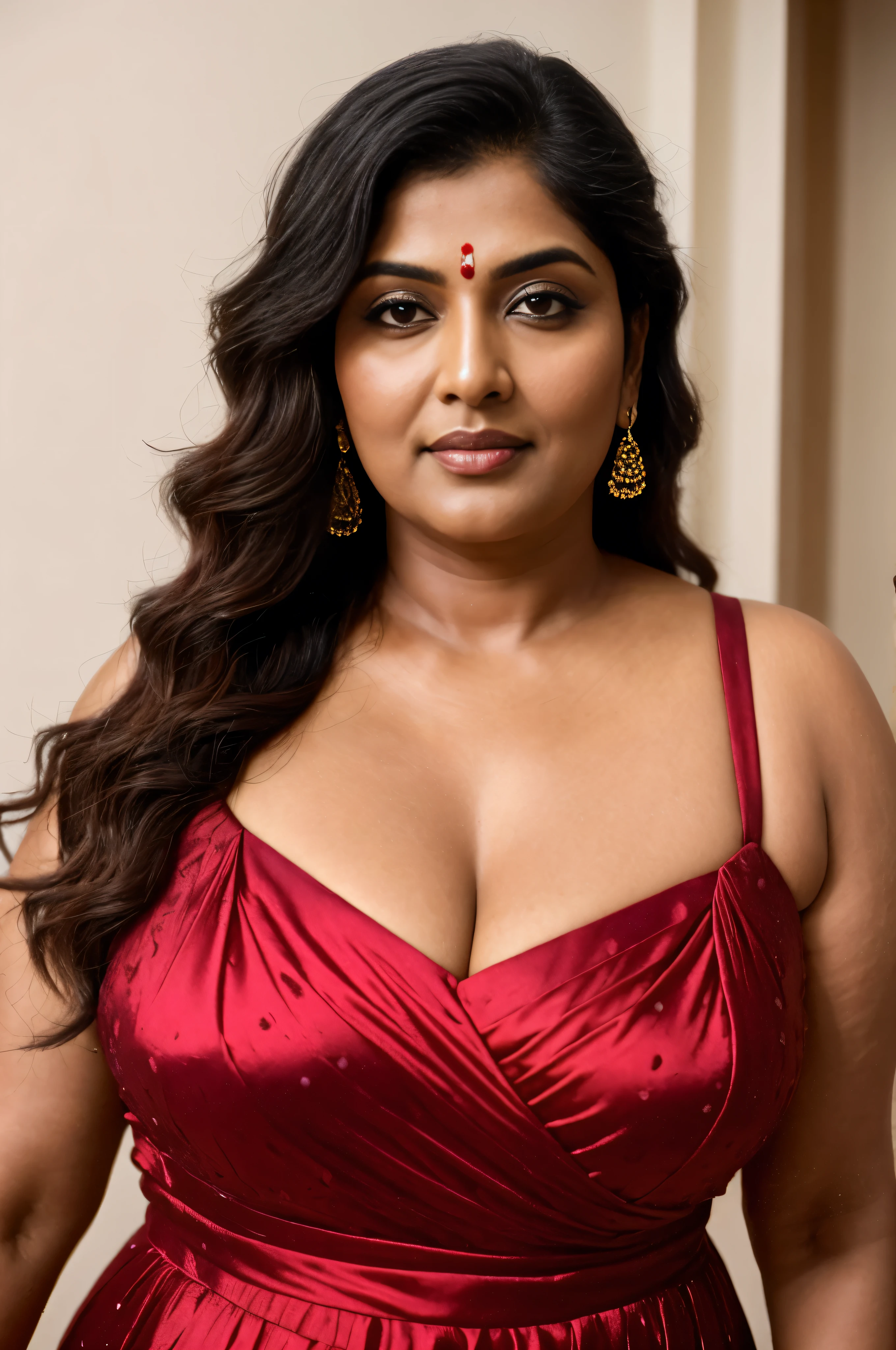 Anusha hot cleavage photos in red dress - SeaArt AI