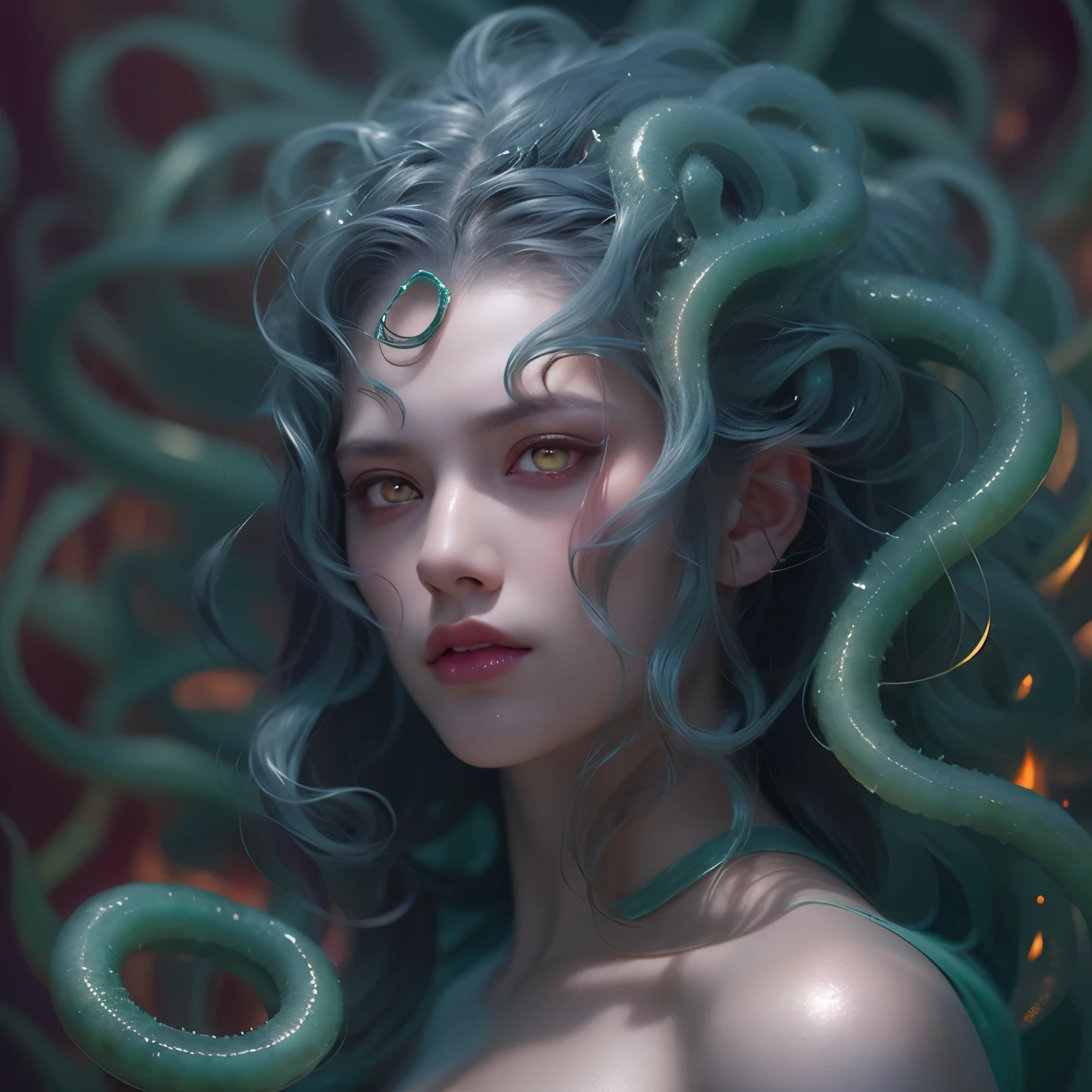 (1 female medusa-like mutant: 1.2), With a beautiful, enchanting face, this alien seduces us with her allure. Her captivating red eyes gleam brightly, reminiscent of burning embers. Her full body is unlike any human's, boasting a sexy, otherworldly form. No humans are present in this scene as she stands alone, her cells fused in a unique and intriguing extraterrestrial way.
(extraordinary beautiful nude photo:1.4), (glowing Jade eyes:1.5), (sexy and glamorous:1.1), (coquettish expression:1.2), toned lean body, (muscular:1.2), (beautiful abs:1.5), beautiful nipples,  She has lots of iridescent translucent tentacles instead of her hair, pale skin, (white skin with prominent veins:1.3),
Lots of iridescent translucent tentacles adorn her body, shimmering under the dramatic lighting. Her pale skin, with a hint of translucency, adds to her ethereal allure. This masterpiece, rendered in, (There is a female genital-like organ in the middle of the forehead:1.6),