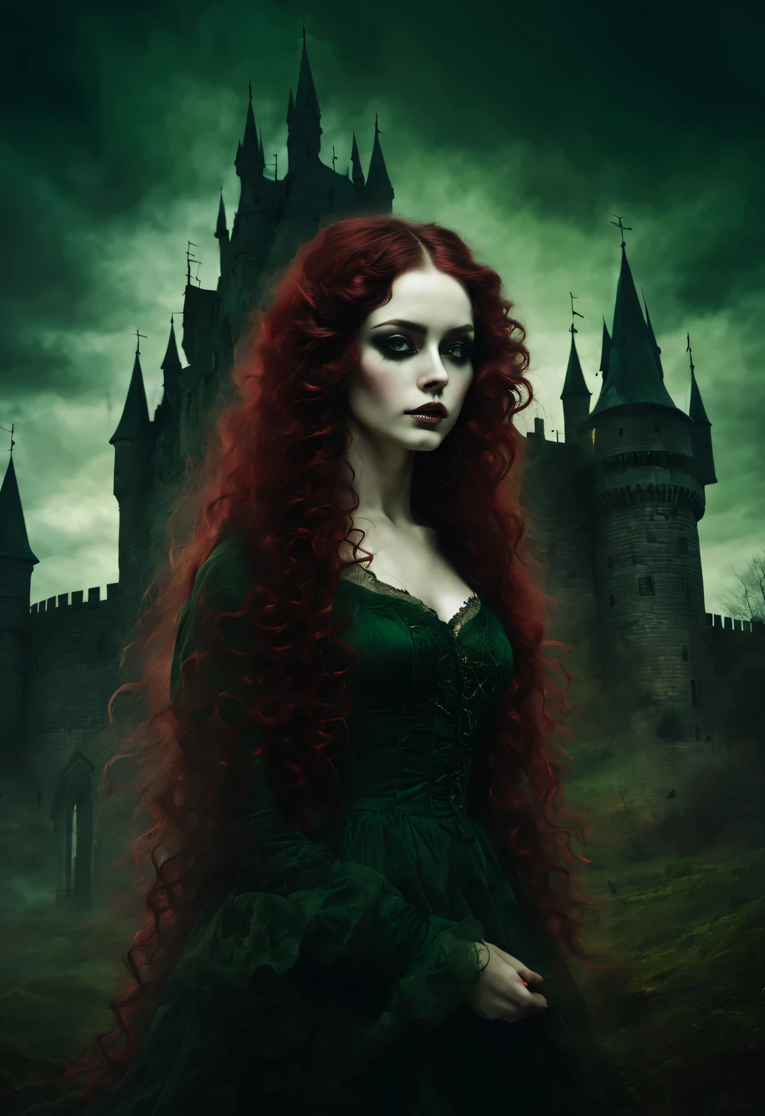 고딕 어두운 예술，꿈，놀라운 헝겊 인형，긴 곱슬곱슬한 진홍색 머리，성，짙은 녹색，이중 접촉
