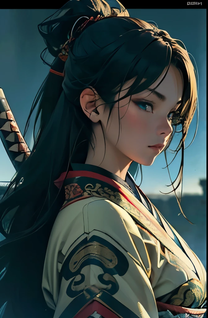 young woman, medieval samurai, armored kimono, wielding a katana, big breasts,, highly detailed, vibrant appearance, creative behavior, extremly detailed, imaginative, sensual, spontaneous, highest quality, skin texture, intricate details, (cinematic lighting), RAW photo, 8k, masterpiece,best quality,ultra-detailed,very detailed illustrations,extremely detailed,intricate details,highres,super complex details,extremely detailed 8k cg wallpaper, half body, a view from above and the side