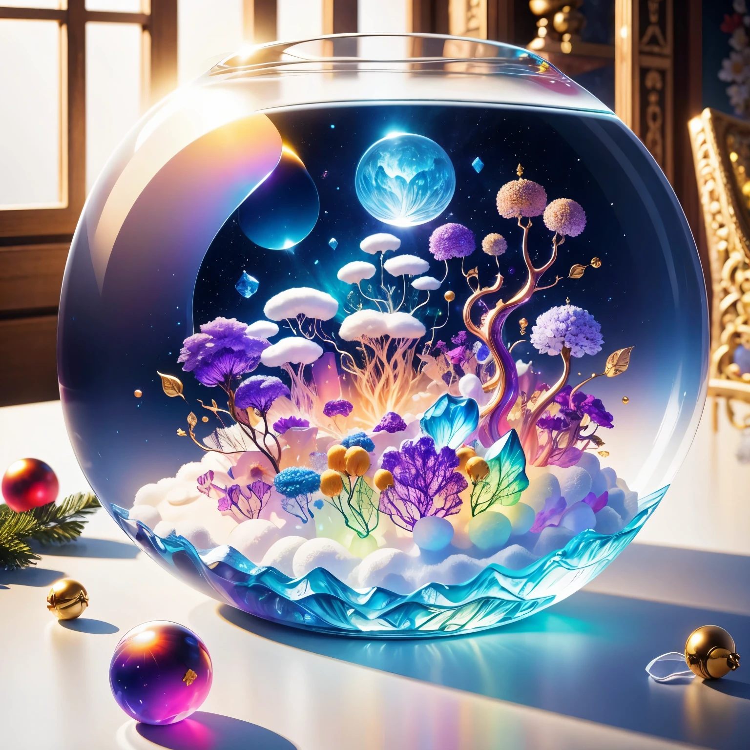 (La best quality,high resolution,super detailed,actual)，flowers formed from jelly，in the room，Christmas decoration，surrounded by christmas gifts，A masterpiece full of fantasy elements）））， （（best quality））， （（intricate details））（8k）