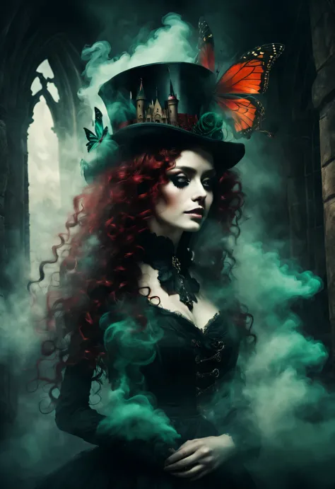 gothic dark art，double contact，Dream，amazing rag doll，ethereal，Long curly crimson hair，castle，dark green，top hat，gear，Butterfly，...