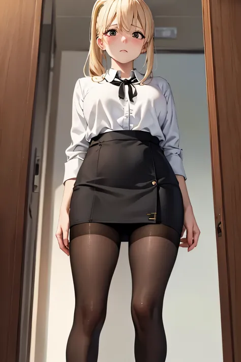 muste piece, best quality, 1 girl,blonde, (black eye:1.2),((Office Lady)、((stockings))、((embarrassed expression))、((Mi Hai Sand)...