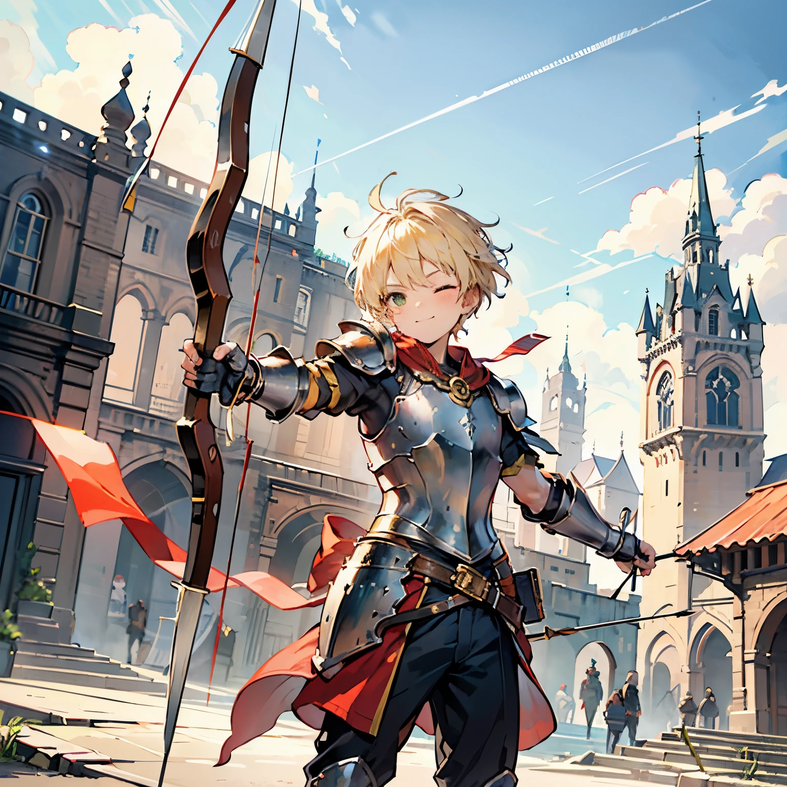 Front view, dynamic angle, 1 boy, young boy, archer, kid archer, blonde hair, green eyes, cute, confident, cocky, smile, 1 eye closed, yellow armor pieces, 1 shoulder plate, shoulder plate and gauntlet in his left arm, armor headpiece, minimal chest plate, no lower body armor, holding a wooden bow in his left hand, simple wooden bow, ready to shoot his arrow, bow and arrow, shooting pose, archer pose, action pose, dynamic pose, medieval setting, medieval city background, castle background, medieval castle background