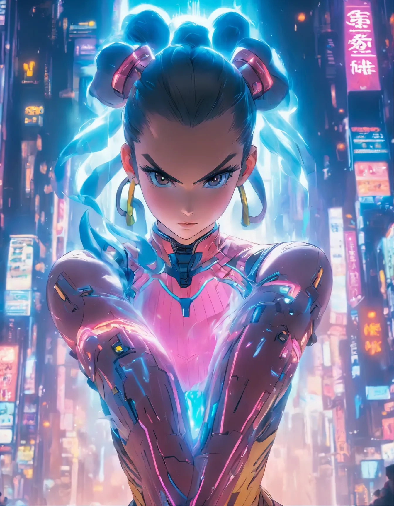 （best quality：1.3），（masterpiece：1.2），16k，level picture quality，future technology，1girl，A Chinese Chun-Li wearing a cyberpunk-style mecha costume，meatball head，（glowing electronic screen），（Electronic information flow：1.3），Holographic projection，（Glowing ele...
