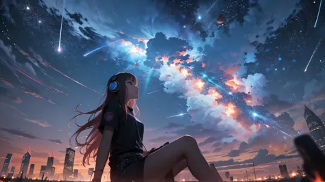 octane rating, null, star (null), scenery, starry null, night, 1 girl, night null, alone, outdoors, building, cloud, milky way, ...