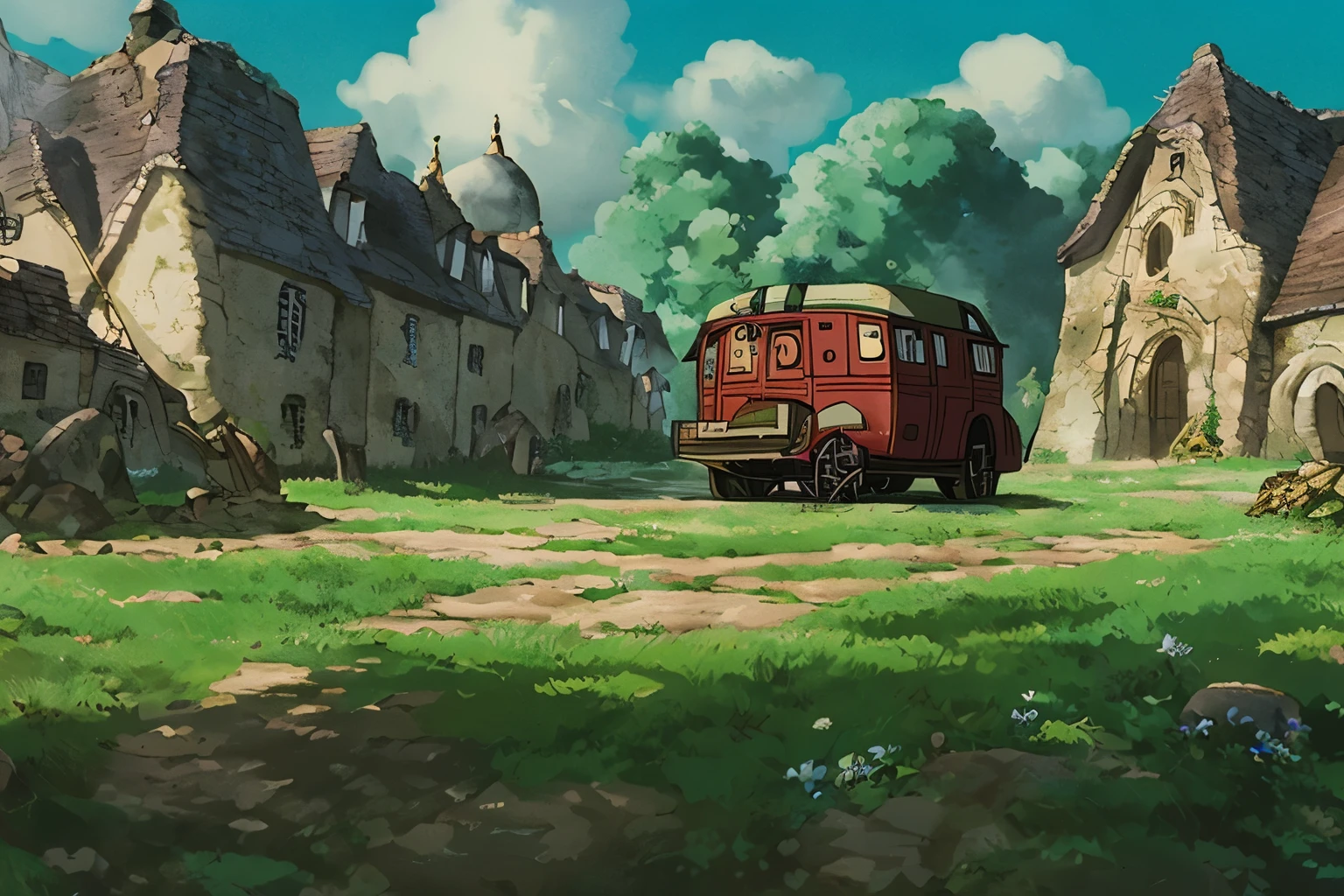 studio_ghibli_animé_style style Un petit village médiéval, fantaisie, D&D, art conceptuel, netteté, tendance sur artstation, peinture numérique, texture, sorciers de la côte, Table, jeu de rôle, matériaux de construction en pierre et en bois, pauvre village, culture européenne, couleur atténuée, Fermer