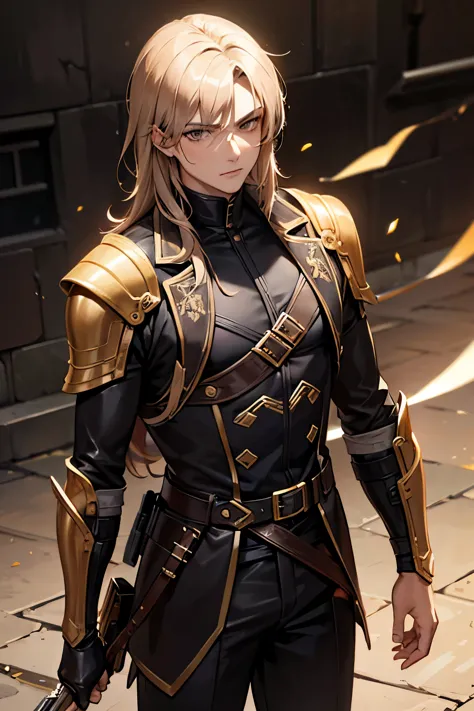 young assassin man with messy golden hair and dark brown eyes in leather armor