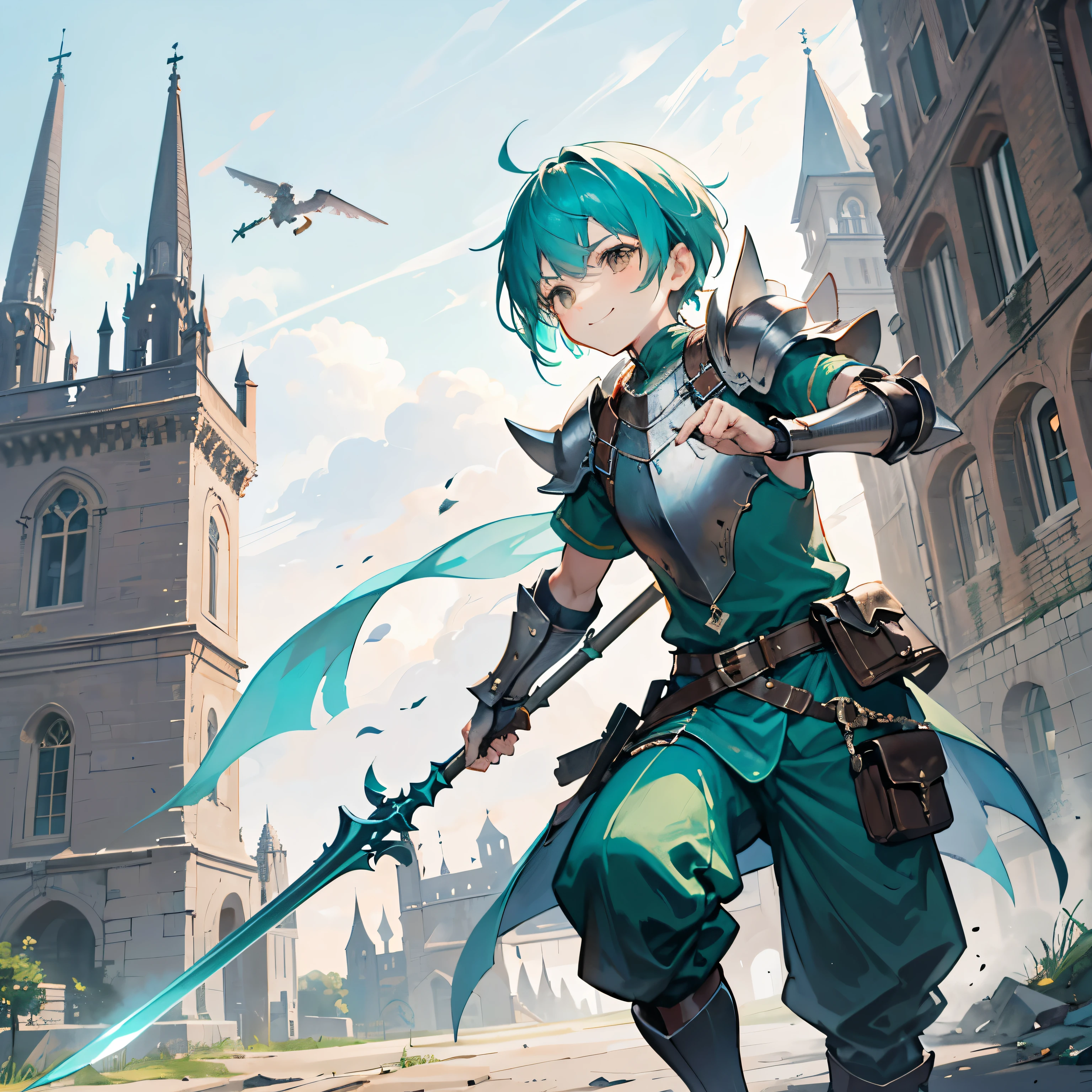 Front view, dynamic angle, 1 boy, young boy, kid spearman, kid lancer, short hair, spiky hair, spiky hair, turquoise hair, turquoise hair, brown eyes, cute, confident, cocky, smile, green outfit, a few armor pieces, 1 shoulder plate, shoulder plate and gauntlet in his left arm, armor headpiece, minimal chest plate, no lower body armor, lance, halberd, spear, holding a spear, simple spear, simplistic spear, minimal wooden spear, wooden spear with a blade on the tip, action pose, dynamic pose, medieval setting, medieval city background, castle background, medieval castle background