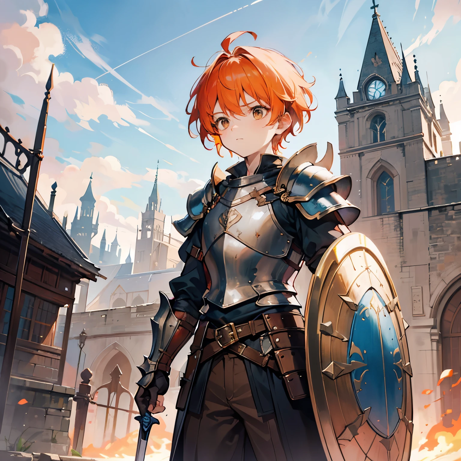 Front view, dynamic angle, 1 boy, young boy, kid knight, kid knight, very spiky hair, spiky hair, orange hair, orange spiky hair, brown eyes, cute, scared expression, unsure expression, shy expression, brown outfit, a few armor pieces, 1 shoulder plate, shoulder plate and gauntlet in his left arm, armor headpiece, minimal chest plate, no lower body armor, holding a big wooden shield, big wooden shield, round shield, oversized shield, sword, medieval setting, medieval city background, castle background, medieval castle background