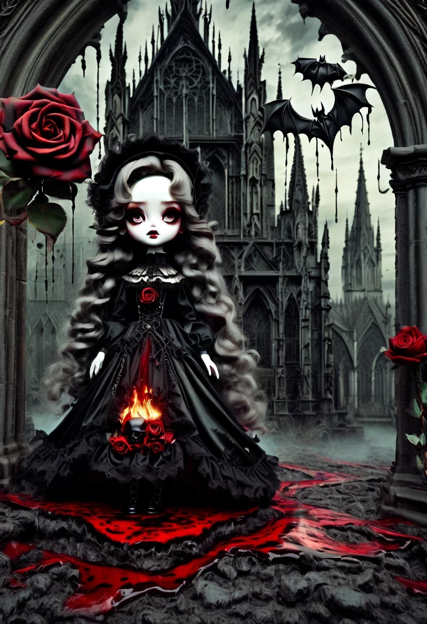 Messenger from hell：1.4），Gothic aesthetics暗色调，cross，Rose，scary doll  girl,dark Gothic，steampunk gothic victorian style, dark, hell，magma，flame，（purple  flame：1.3），There is fresh Blood on the ground，Blood pool，dripping Blood， Gothic