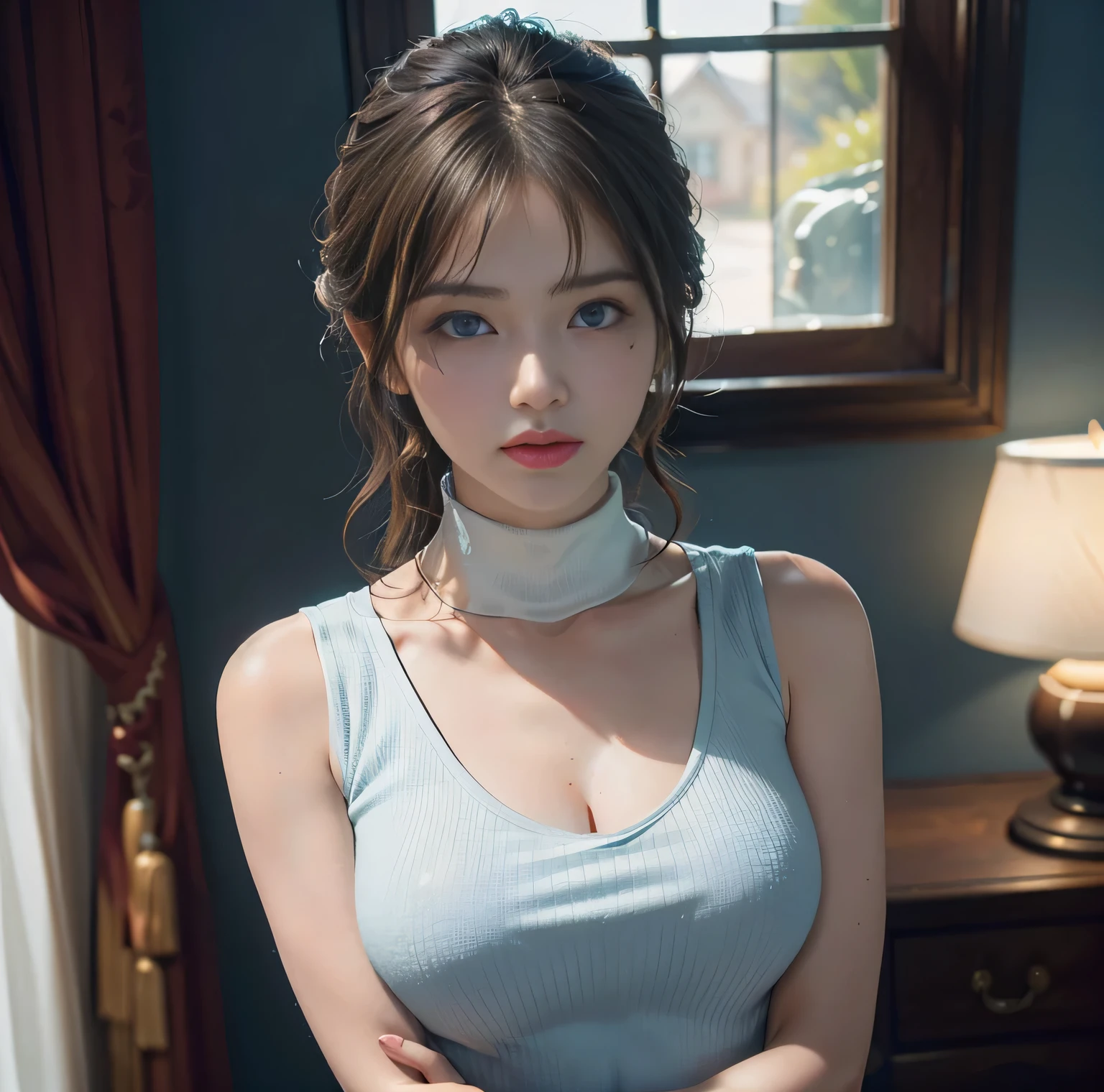 highest quality, 8K quality, masterpiece, (Professional lighting without shadows), (Two women in love), (perfect body and firm chest:1.3), radiant white skin, (Bright and beautiful blue eyes with plump tear bags reflect a lot of light....:1.2)、{ (She is wearing a pale colored sleeveless turtleneck micro mini dress)}, (No skin is exposed on the upper body except for the arms....:1.4), (Turn to me and show me your firm breasts through your clothes....:1.2),　{(from the knees up:1.3)}, (standing like a model),