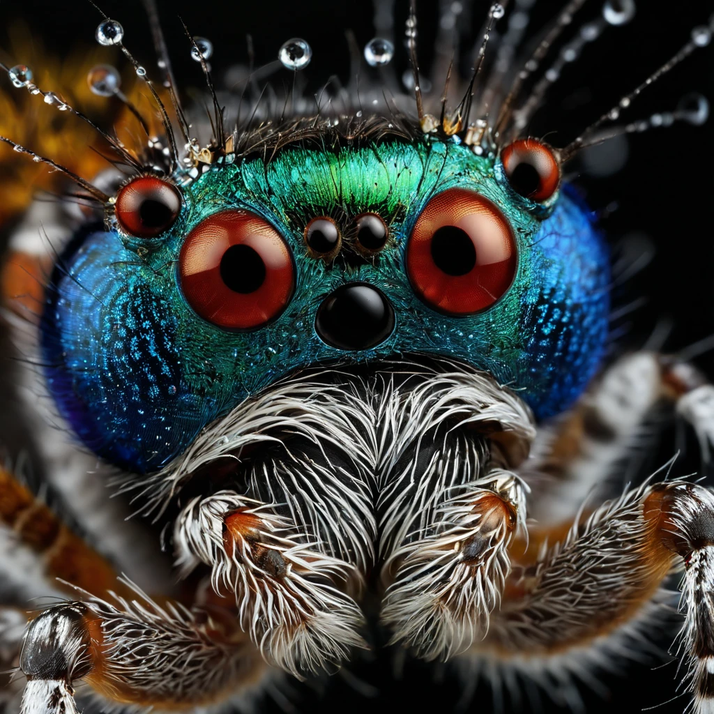 High Resolution, High Quality, Masterpiece/ Macro photography of Maratus volans, a peacock spider adorned with reflective dew drops, presented with octane rendering, notable for its sharp focus against a deep dark background, akin to a Wildlife Photographer of the Year winner, close-up with hyper-detailed complexity, trending on ArtStation, captured in a studio-like setting, featuring intricate details and lauded by admirers of Greg Rutkowski's style, wildlife, ultra realistic, highly detailed, dramatic lighting.