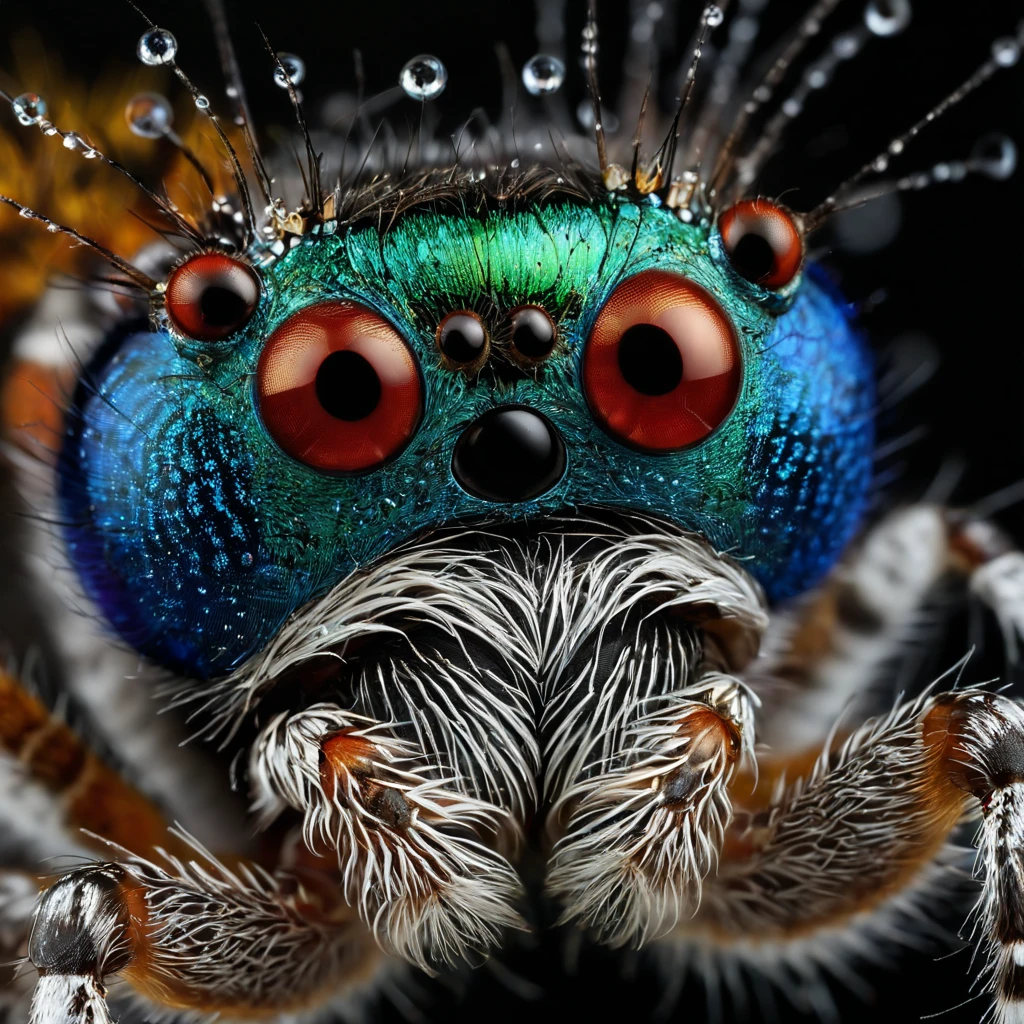 alta resolução, alta qualidade, Obra de arte/ Fotografia macro de Maratus volans, uma aranha pavão adornada com gotas de orvalho reflexivas, apresentado com renderização de octanas, notável por seu foco nítido contra um fundo escuro profundo, semelhante ao vencedor do Fotógrafo de Vida Selvagem do Ano, close-up com complexidade hiperdetalhada, tendências no ArtStation, capturado em um ambiente de estúdio, apresentando detalhes intricados e elogiado por admiradores do estilo de Greg Rutkowski, animais selvagens, ultra realistic, altamente detalhado, iluminação dramática.