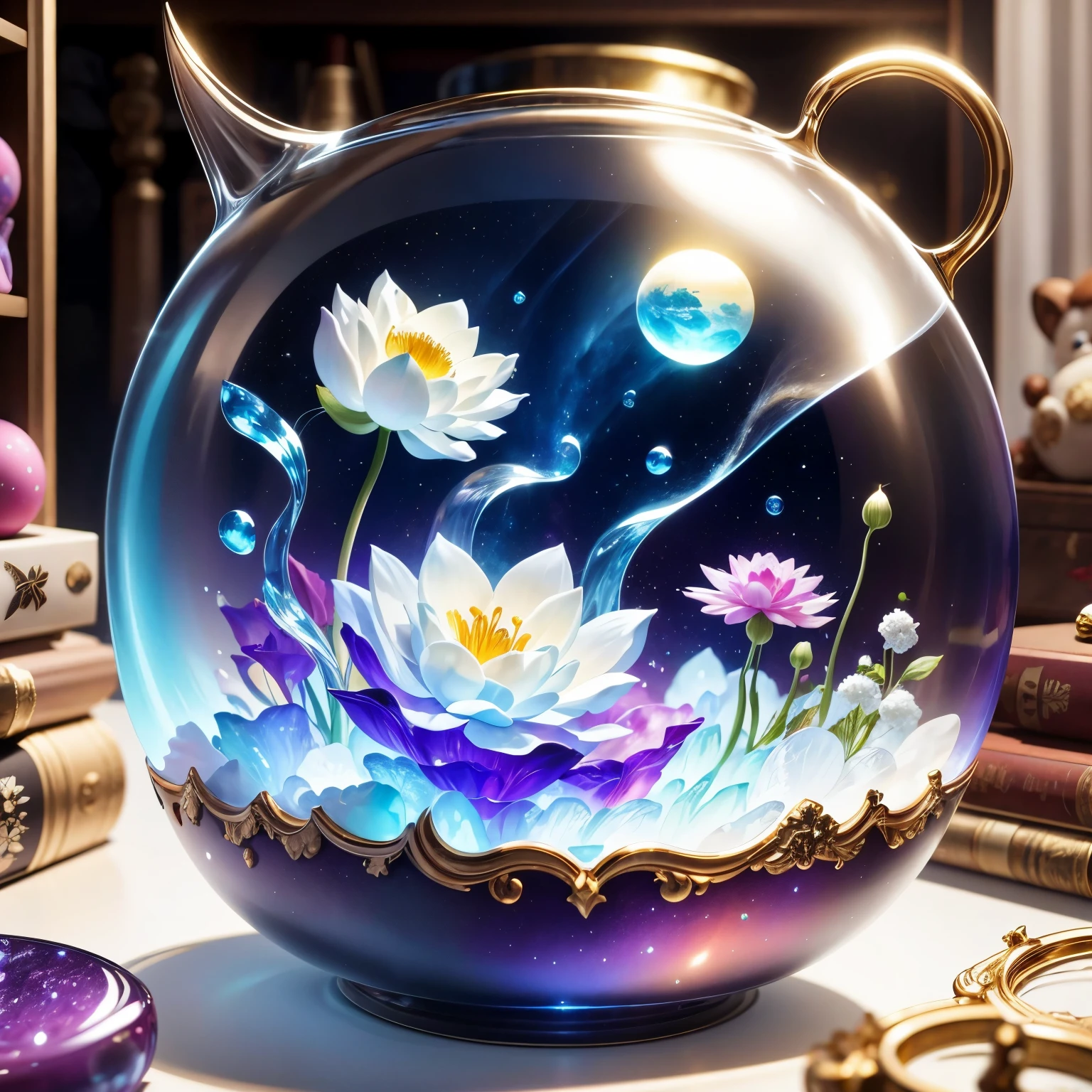 (La best quality,high resolution,super detailed,actual)，Lotus formed from jelly，in the room，Christmas decoration，surrounded by christmas gifts，A masterpiece full of fantasy elements）））， （（best quality））， （（intricate details））（8k）